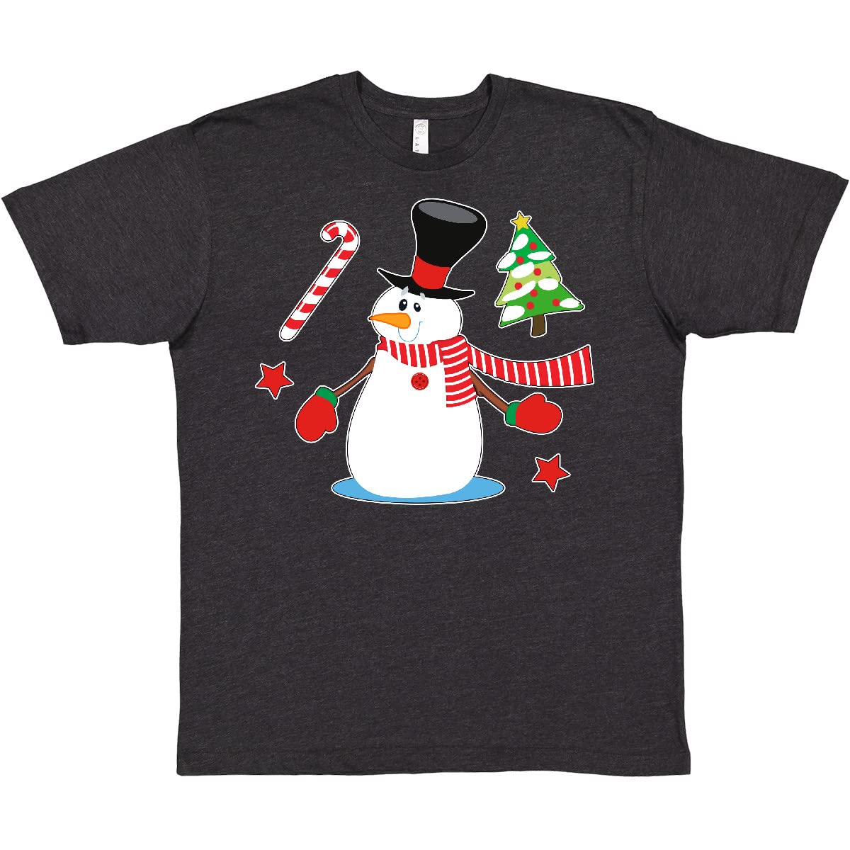 Inktastic Top Hat Snowman with Christmas Tree and Candy Cane Graphic T-Shirt - Fun Holiday Christmas Party Outfit for Family Gatherings & Festive Celebrations