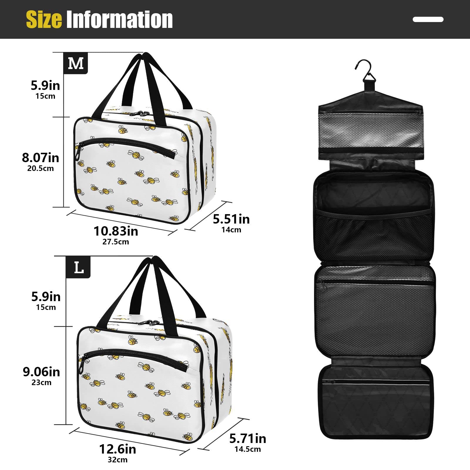 Portable Hanging Toiletry Bag - Large Waterproof Cosmetic Organizer for Women & Girls | Cute Honey Bee Design | Perfect for Travel, Gym, Camping & Daily Makeup Storage