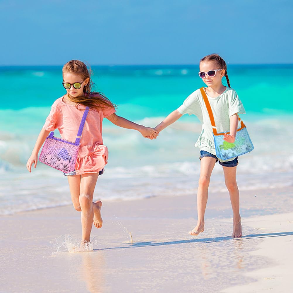 3Pcs Mesh Beach Toy Bags with Adjustable Shoulder Straps - Shell Collecting Bags for Kids, Sand & Snow Toys, Perfect for Beachcombing, Seashell Hunting, and Outdoor Adventures