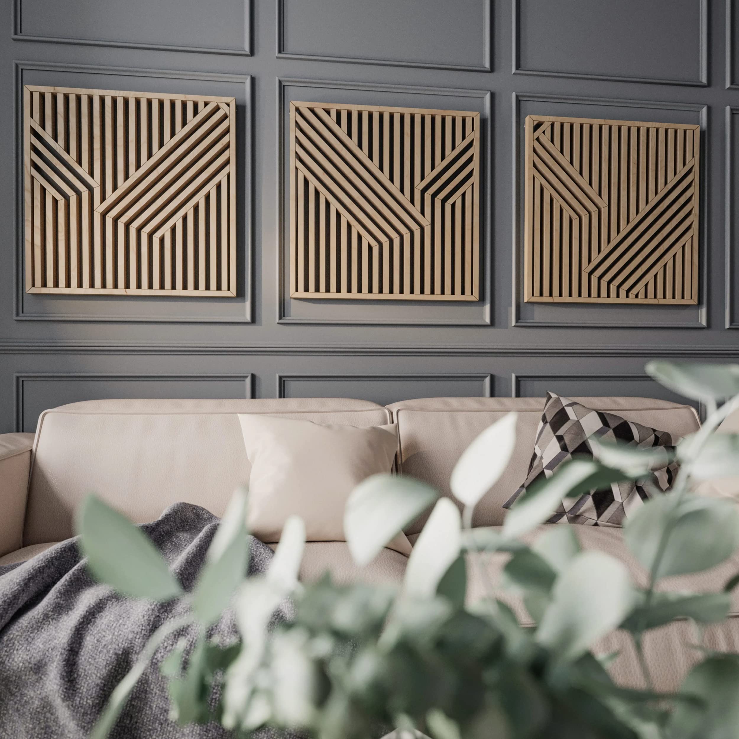 Modern Geometric Wood Wall Art Set of 3 Panels - Large Handcrafted Wooden Wall Decor for Living Room, Bedroom & Office - 22