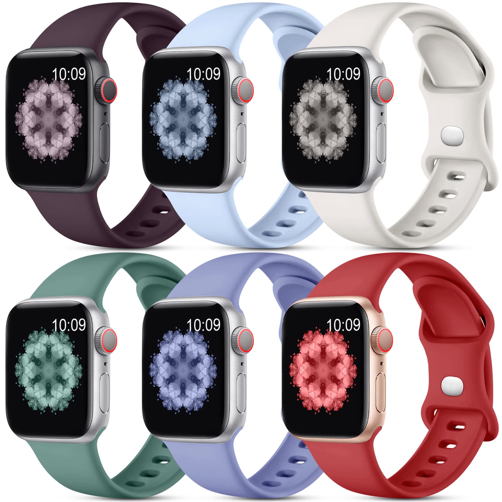 6 Pack Soft Silicone Apple Watch Bands for Women & Men - Compatible with 38mm 40mm 41mm 42mm 44mm 45mm 49mm iWatch Series 8/7/6/5/4/3/2/1/SE/Ultra - Sport Strap for Gym, Running & Daily Wear