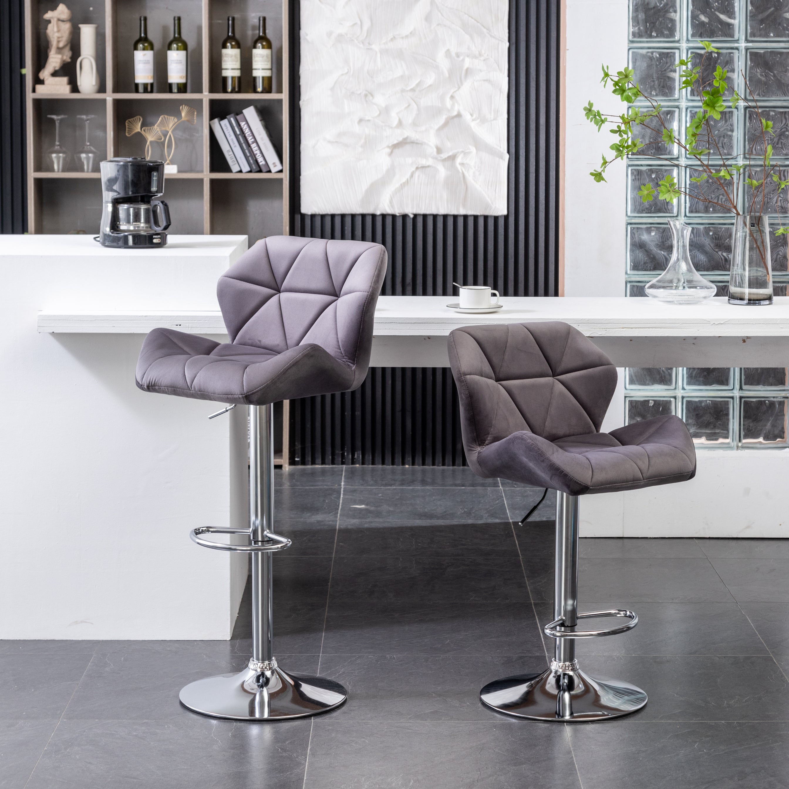 Roundhill Furniture Breni Velvet Diamond Tufted Swivel Adjustable Height Bar Stool - Set of 2, Gray - Modern Kitchen Island & Home Bar Seating for Dining & Entertaining