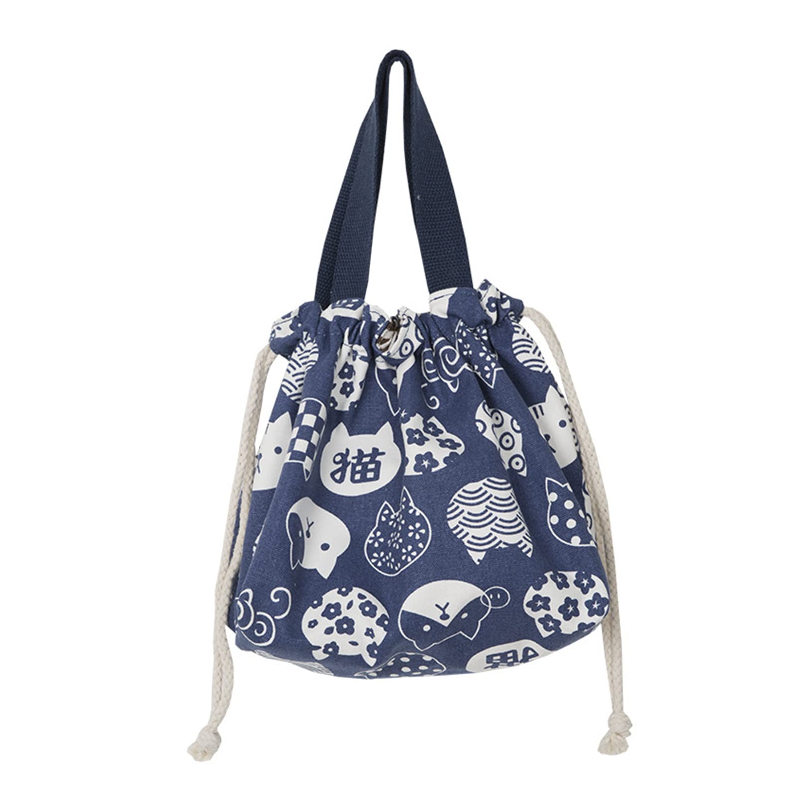 ENNTJOOY Mini Lunch Tote Pouch - Reusable Japanese Style Lunch Bag with Double Layers, Cotton Linen Burlap Drawstring Storage Bag for Women & Girls - Perfect for Work, School, Picnics & Travel (Cat Navy Blue)