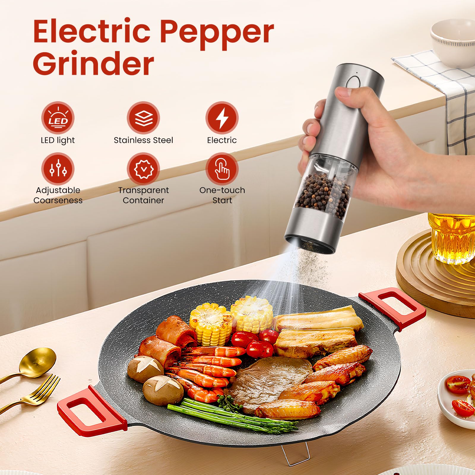 Premium Electric Salt and Pepper Grinder Set - Rechargeable Stainless Steel Automatic Mill with 6 Adjustable Coarseness & LED Light - Perfect for Kitchen, Dining & Housewarming Gifts (2-Pack) - Ideal for Cooking, Entertaining & New Home Essentials