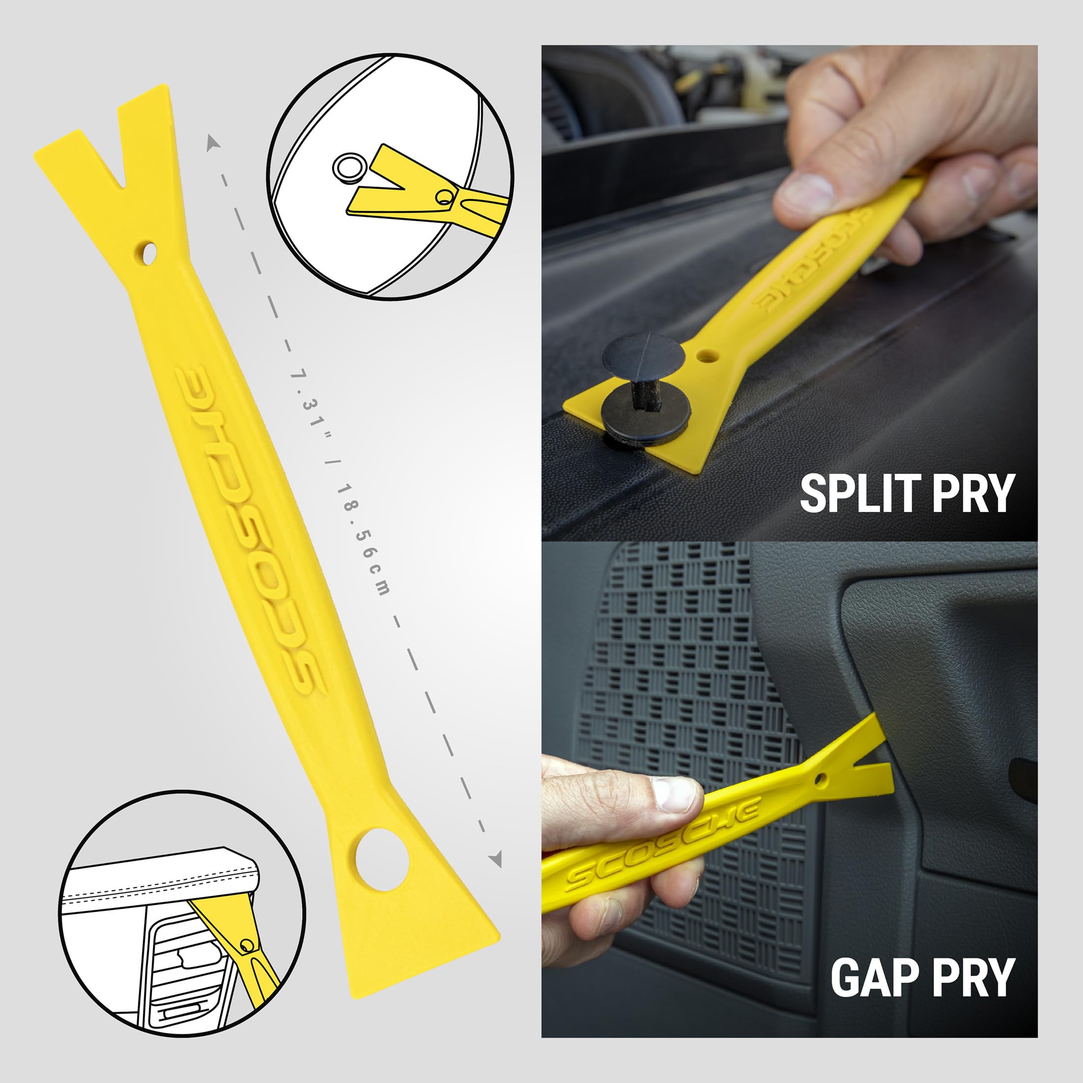 Scosche PRT3MX Auto Trim Removal Tool Kit - 3-Piece No Scratch Plastic Pry Set for Car Door Panels, Dashboard & Interior Trim - Safe for Clips, Push Rivets & Moldings - Yellow Automotive Repair Tools (Perfect for DIY Car Maintenance & Professional Auto Detailing)