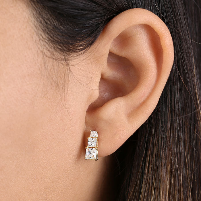 14K Yellow Gold Triple Princess Cut Cubic Zirconia Stud Earrings for Women | Elegant & Hypoallergenic Jewelry Gift for Brides, Party, Wedding & Everyday Wear