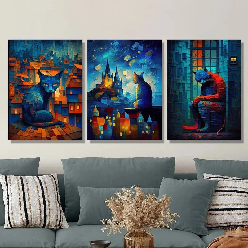 3-Piece Metal Print Wall Art - Cat Sitting on Roof Under Starry Night - Ready to Hang Home Decor for Living Room, Bedroom & Office