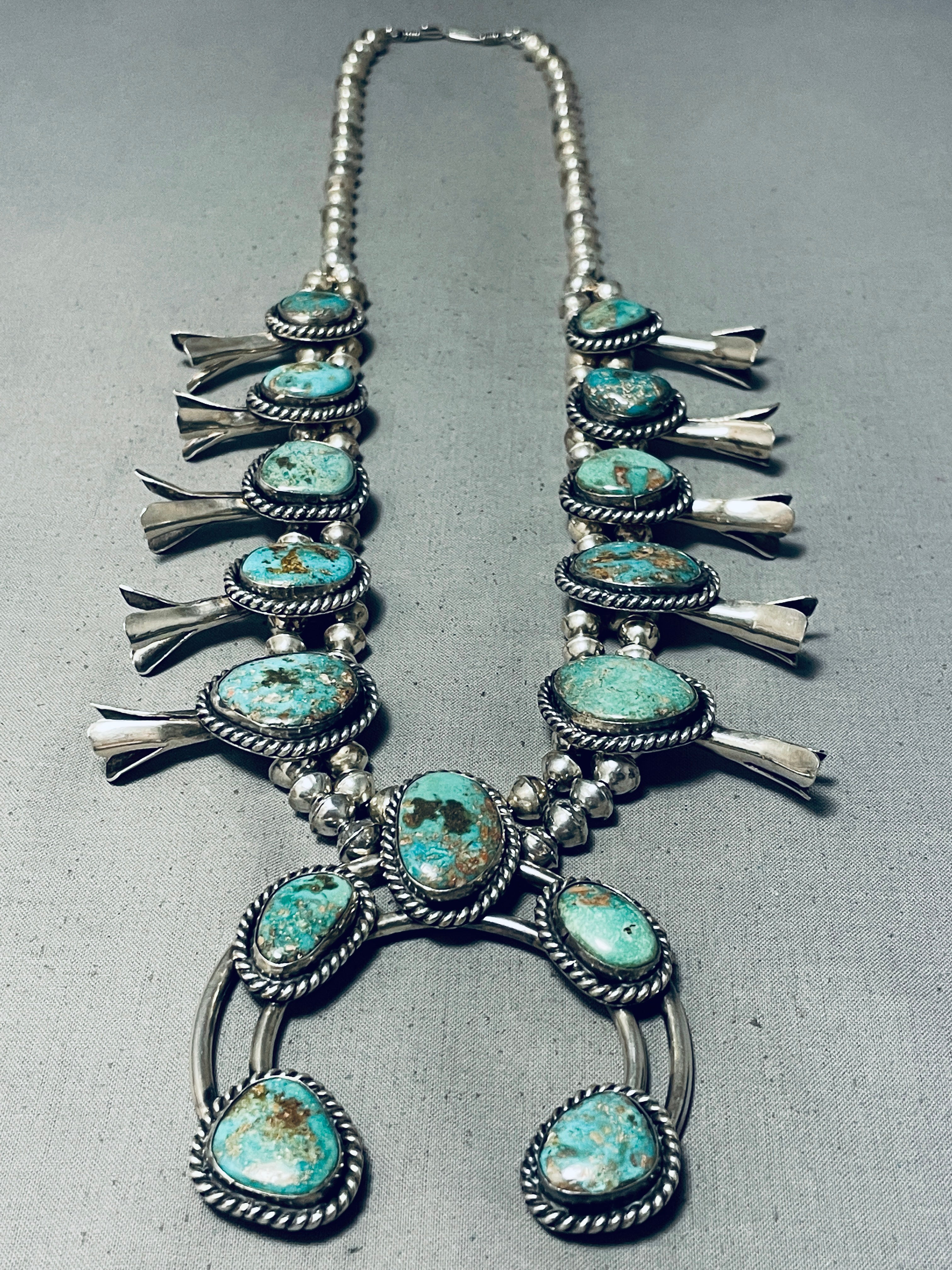 Vintage Navajo Turquoise Sterling Silver Squash Blossom Necklace - 243 Grams - Authentic Native American Jewelry for Women - Perfect for Boho Fashion, Weddings & Special Occasions