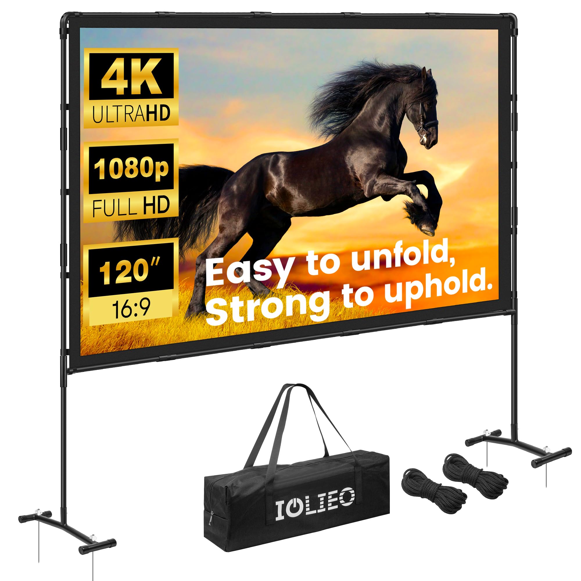 120 Inch Portable Projector Screen with Stand - 16:9 Retractable Outdoor/Indoor Projection Screen for Camping, Backyard Movies, Home Theater, Office Presentations & Classroom Use | Washable Foldable White Screen by IOLIEO