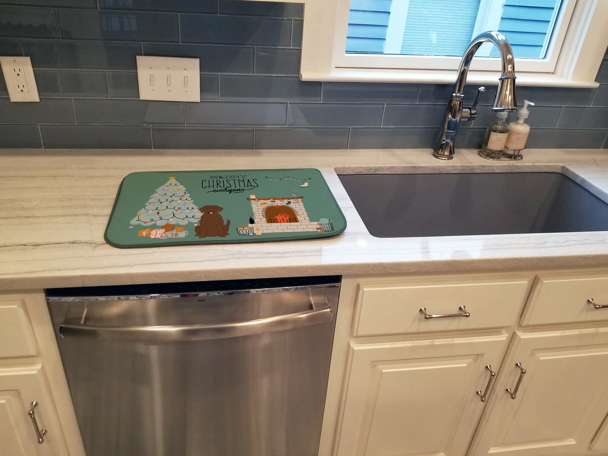 Chocolate Labrador Christmas Dish Drying Mat - Absorbent Kitchen Counter Pad for Holiday Decor