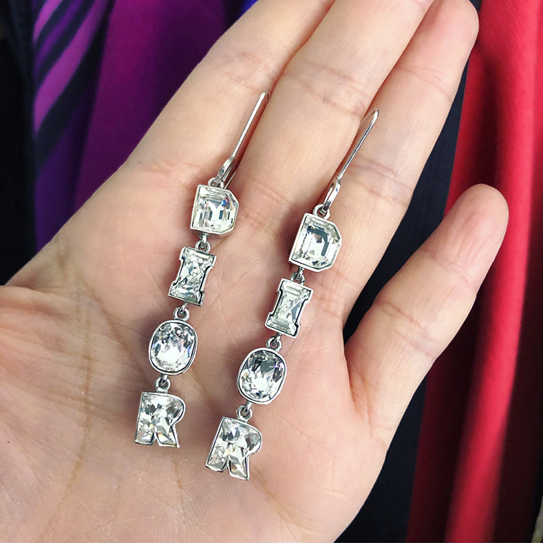 Christian Dior Rhinestone Crystal Logo Drop Earrings for Women - Elegant Dangle Earrings for Party, Wedding & Special Occasions