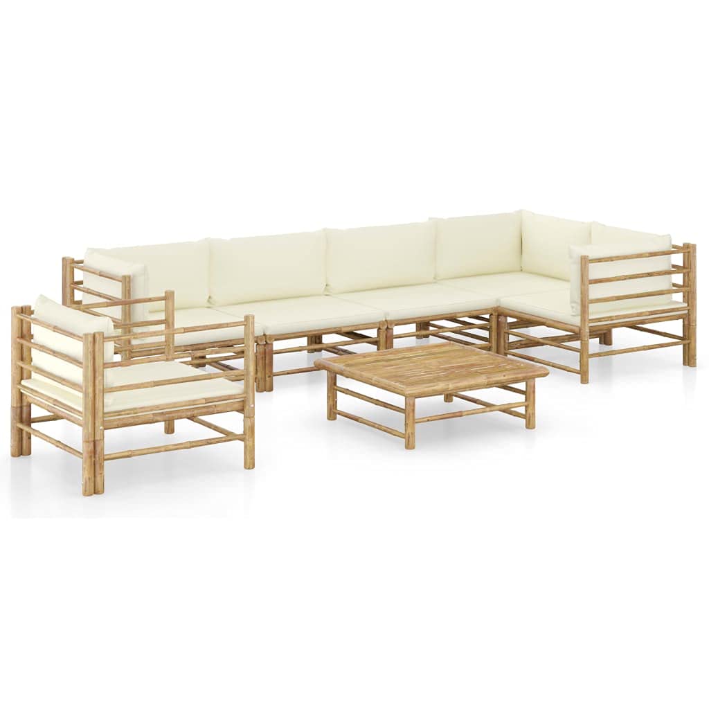 7-Piece Patio Lounge Set with Cream White Cushions - All-Weather Outdoor Garden Furniture Dining Sofa Set - Durable Bamboo Frame - Perfect for Backyard, Poolside & Terrace Relaxation