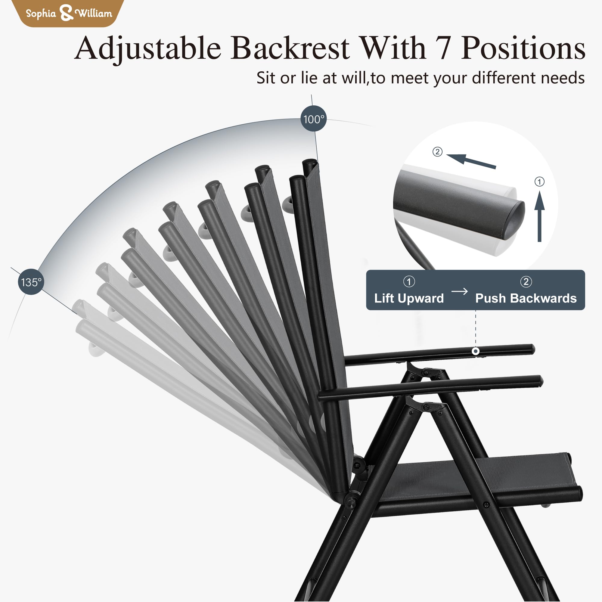 Sophia & William 4-Pack Outdoor Folding Chairs - Adjustable 7-Level Backrest, Lightweight Portable Textilene Patio Dining Chairs (Black) - Perfect for Backyard BBQs, Beach Trips, Camping & Picnics