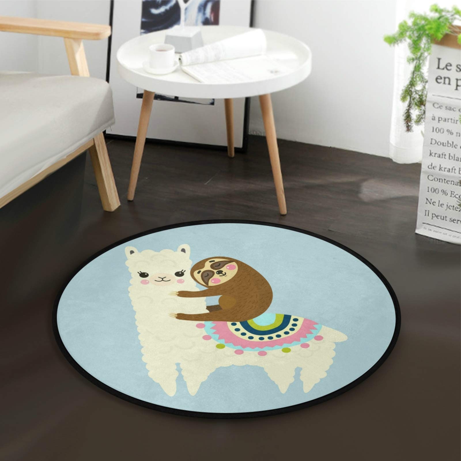 ALAZA Cartoon Llama Alpaca Sloth Round Area Rug - 3' Diameter (92 cm) Soft Non-Slip Floor Mat for Living Room, Bedroom, Nursery | Kids Playroom & Dorm Decor