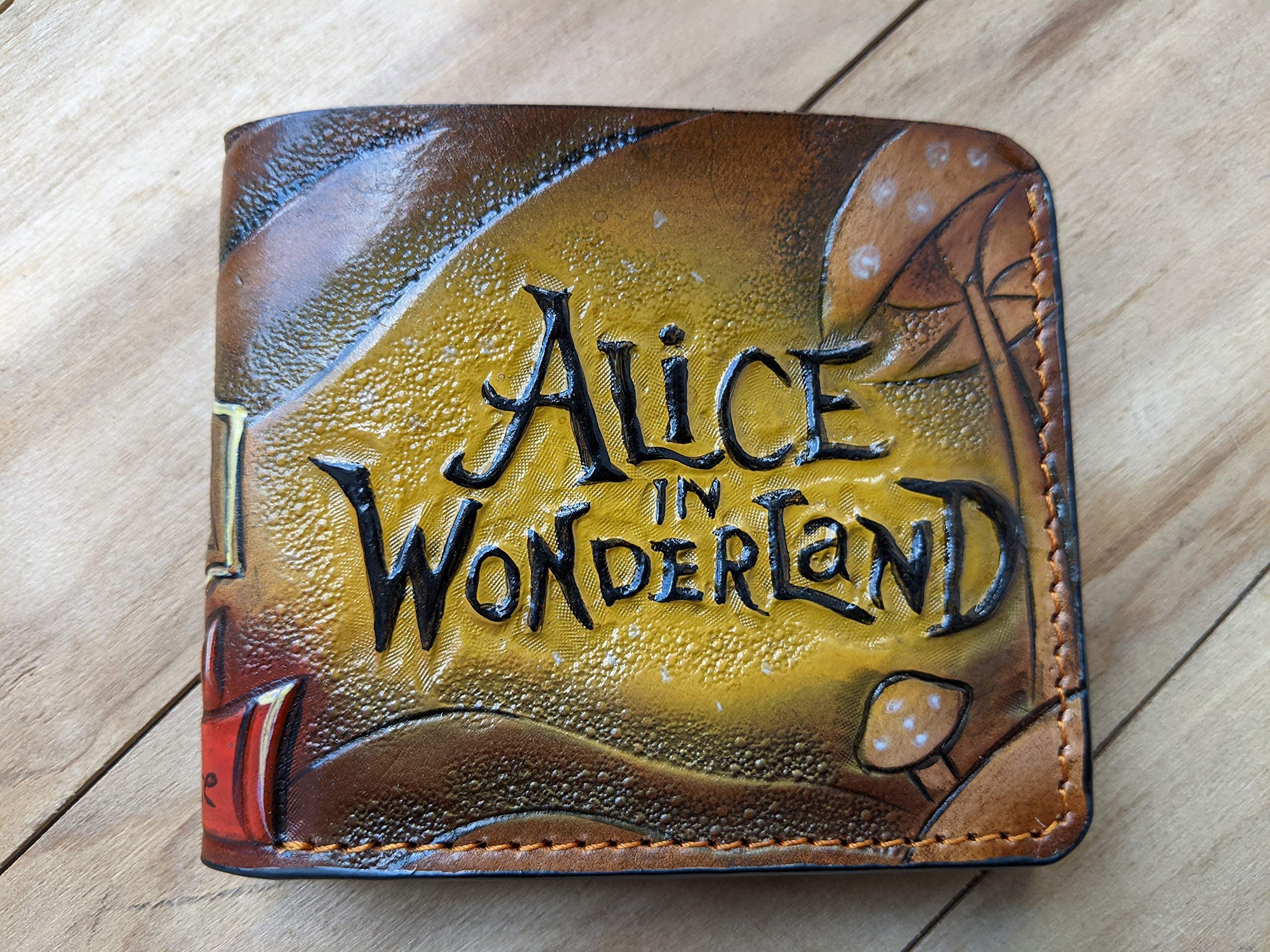 Alice in Wonderland Cheshire Cat RFID Bifold Wallet - Genuine Leather Men's Bifold Wallet with Whimsical Airbrush Art, Handmade Embossed Design - Perfect for Bikers, Gift Giving & Everyday Use