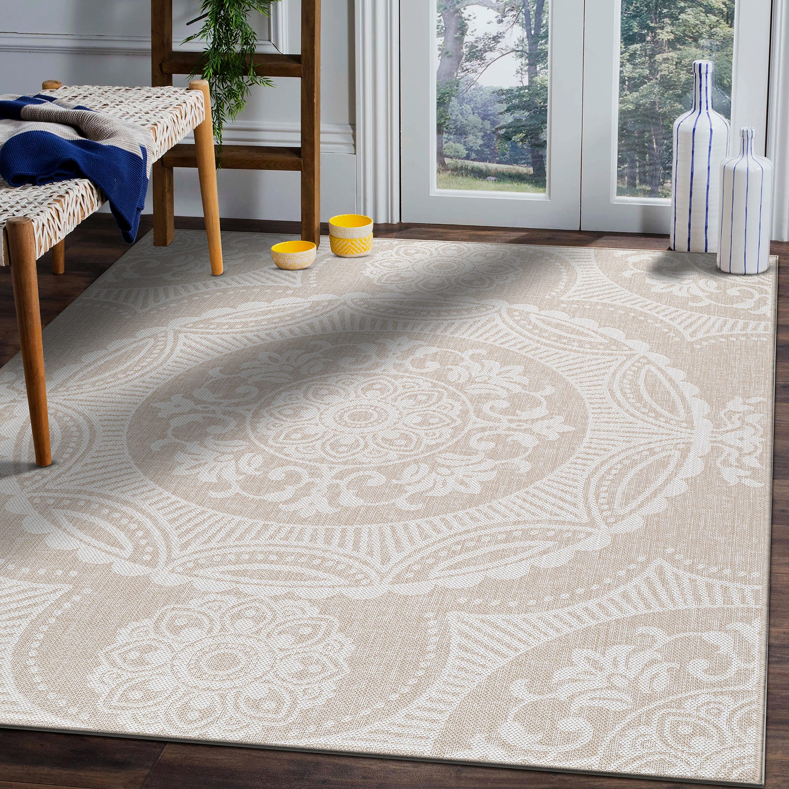 Beverly Rug Waikiki 8x10 Indoor/Outdoor Washable Area Rug - Water Resistant Beige & White Medallion Design for Patio, Deck, Porch, Living Room | Perfect for Outdoor Entertaining & Coastal Decor
