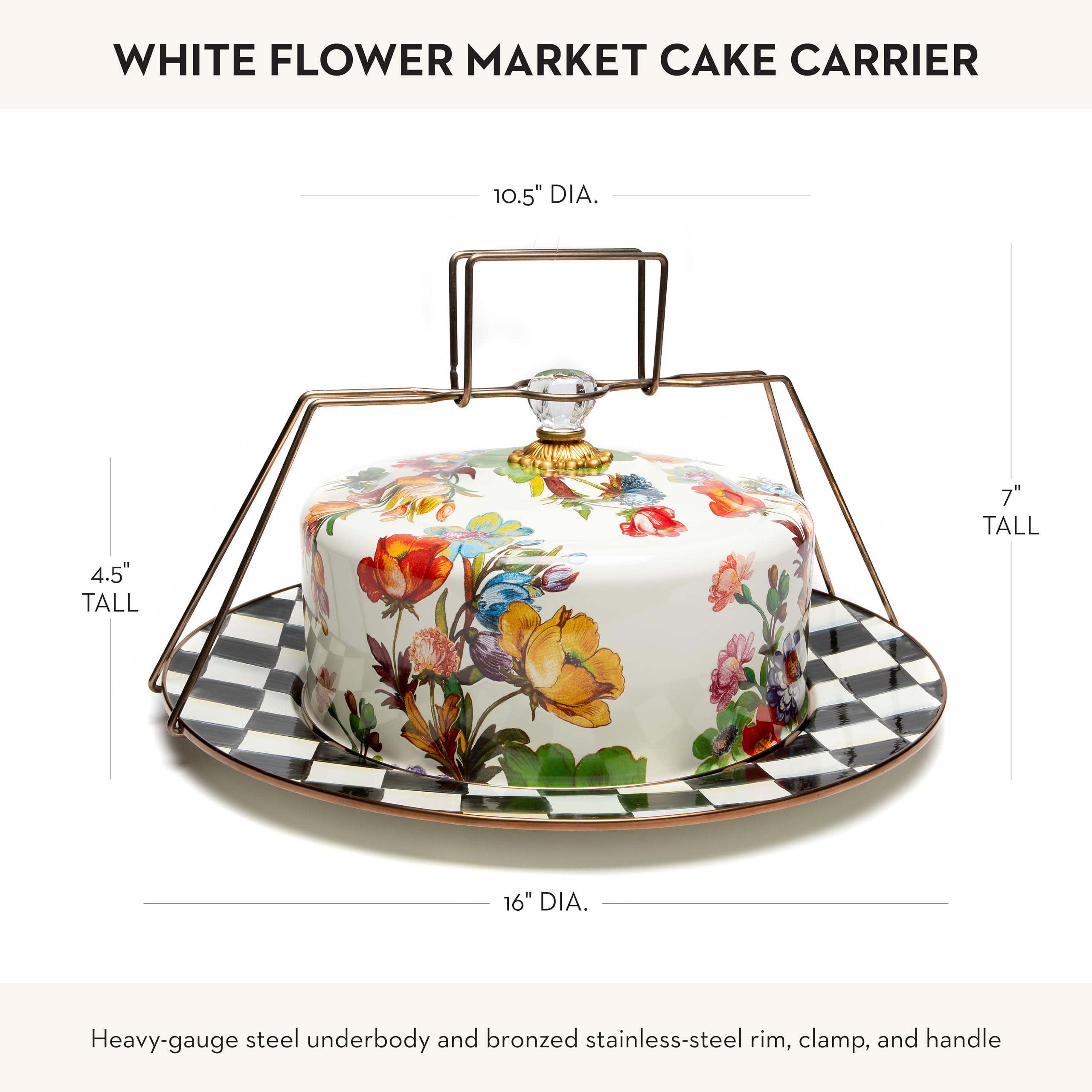 MACKENZIE-CHILDS White Flower Market Cake Carrier with Lid & Handles - Elegant Black-and-White Courtly Check Serving Platter for Parties, Picnics & Special Occasions