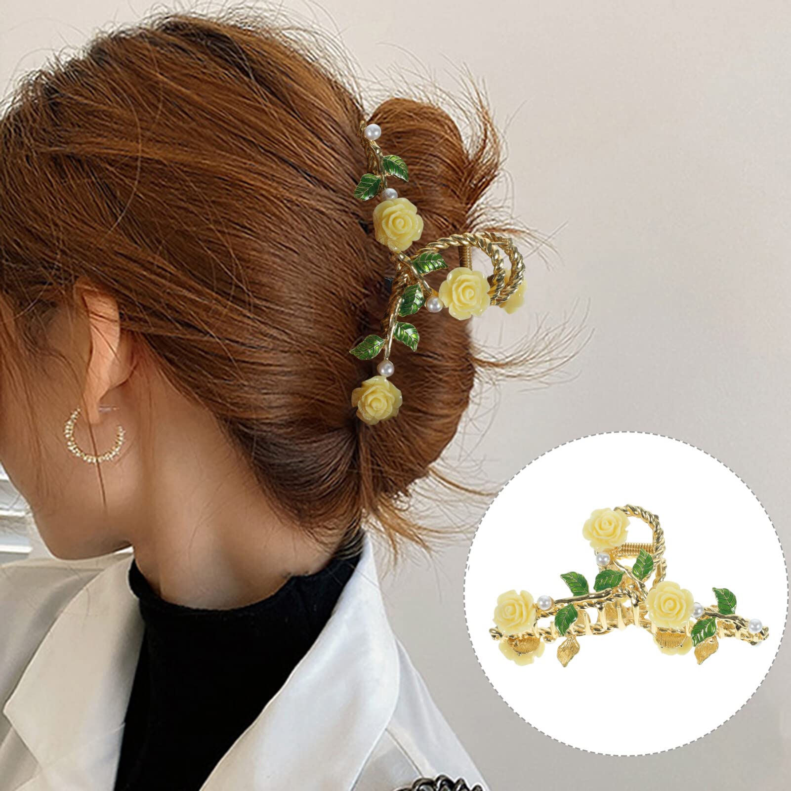EXCLUZO Large Rose Hair Claw Clip for Women - Yellow Hair Clamp Hair Accessory for Girls, Perfect for Ponytails, Buns and Updos