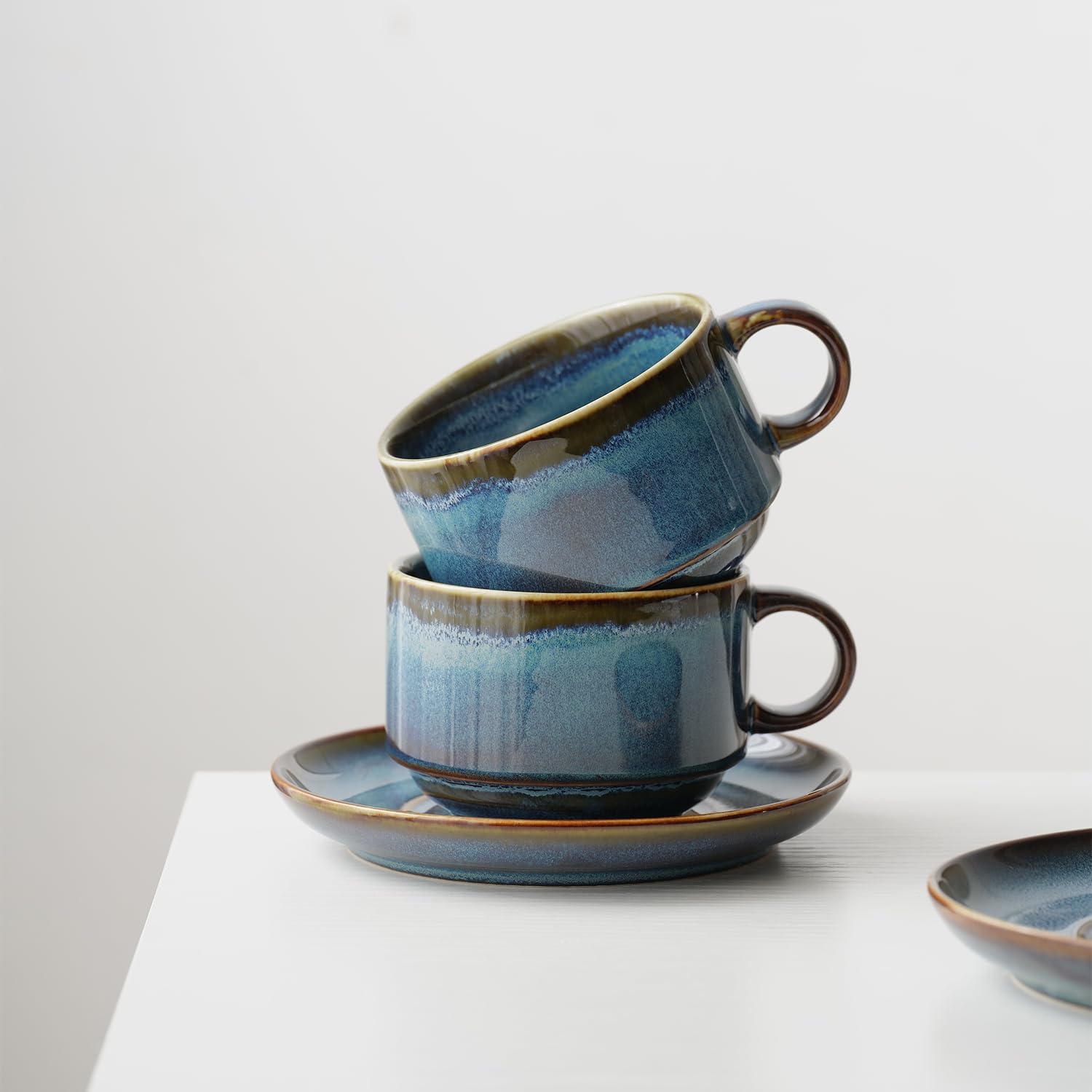 Premium 10oz Ceramic Cappuccino Cups with Saucers - Set of 2, Dishwasher & Microwave Safe - Perfect for Latte, Au Lait, Tea & Mocha - Reactive Blue Glaze - Ideal for Coffee Shops, Home Use & Gifts