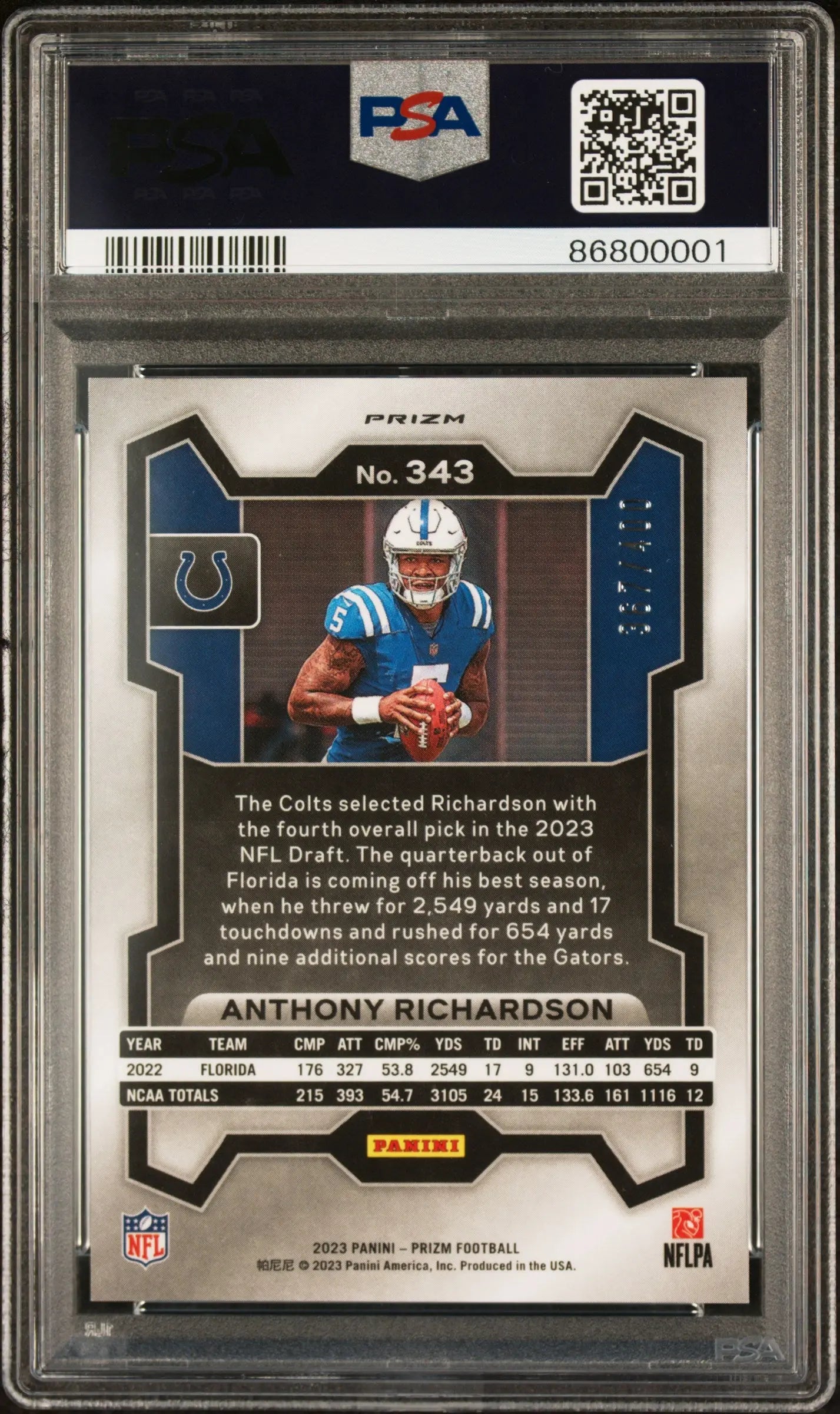 2023 Panini Prizm PSA 10 Anthony Richardson Rookie Card Pandora /400 #343 - Rare Collectible for Football Fans & Sports Memorabilia Enthusiasts