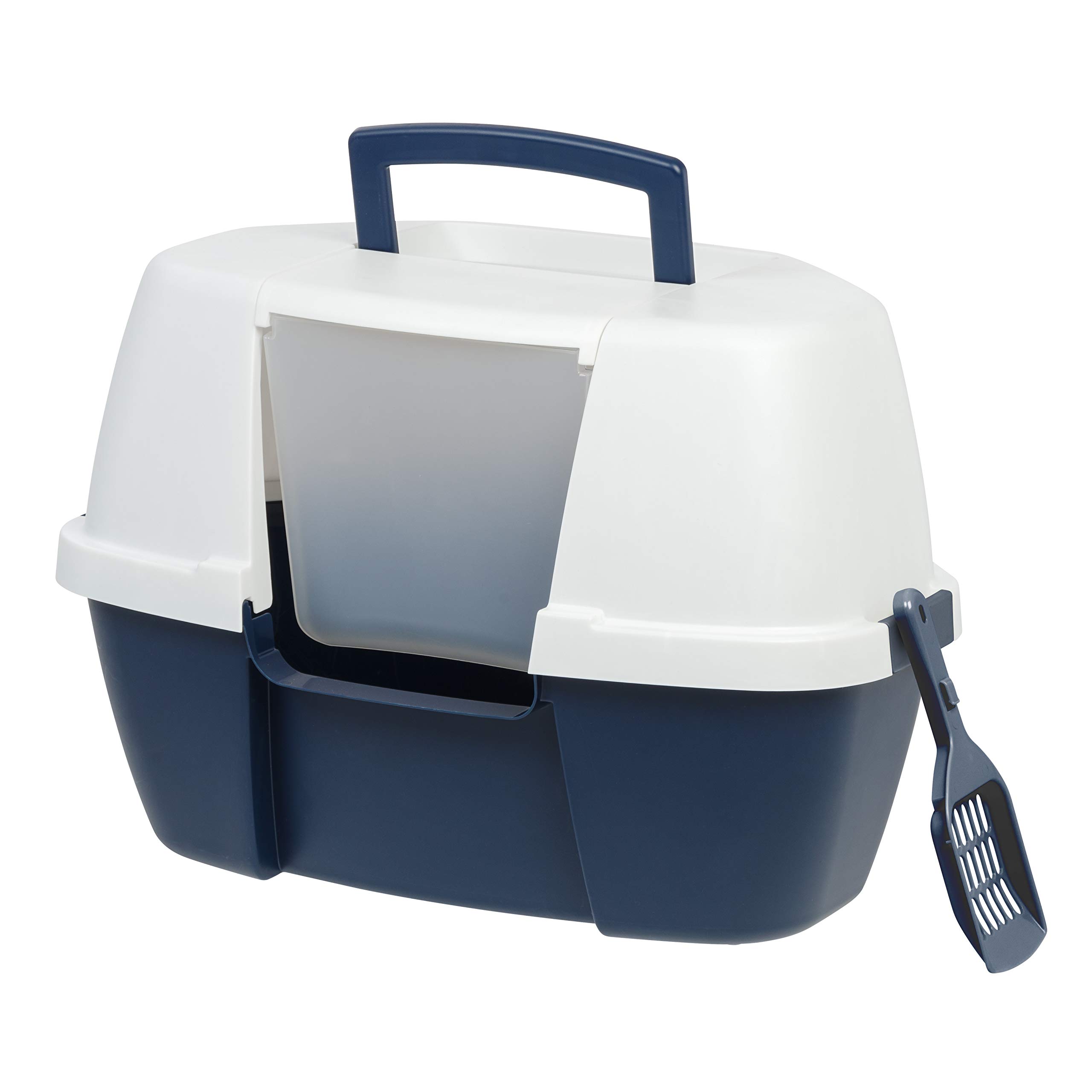 IRIS USA Large Hooded Corner Cat Litter Box with Scoop - Navy Blue | Space-Saving Design for Small Apartments & Bathrooms | Odor Control for Indoor Cats