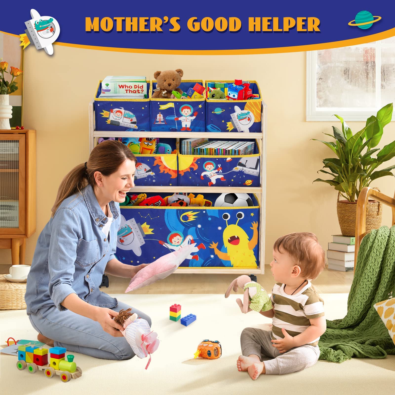 NUKied Toy Storage Organizer with Wheels | Kids Bookshelf, Multifunctional Storage Bin with 6 Baskets, High Capacity for Toys & Books | Perfect for Playroom, Bedroom, Living Room & Nursery Organization