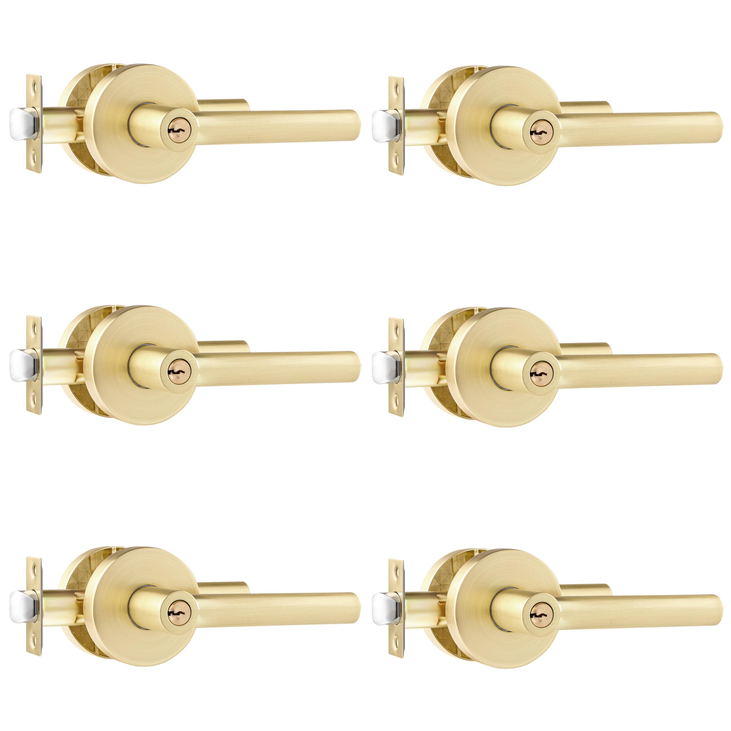 Leydebong 6 Pack Heavy Duty Exterior Door Handleset with Lock & Key - Keyed Alike Gold Lever Handle for Left/Right Hand Doors | Secure Entry for Homes, Offices & Commercial Buildings