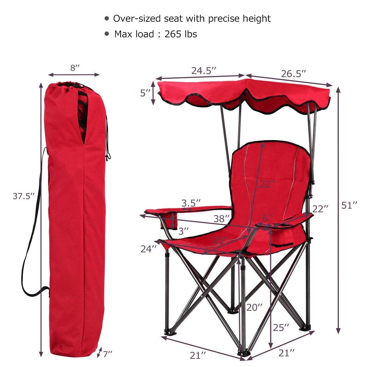 Renetto Portable Folding Beach Canopy Chair with Cup Holders - Best Selling Lounge & Picnic Chair for Outdoor Relaxation (Red) - Perfect for Beach, Camping, Backyard and Poolside Use