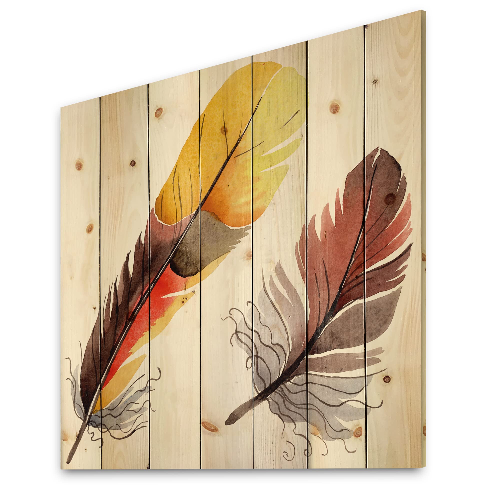 Bohemian Feather Wood Wall Art - Colorful Boho Decor, Yellow Eclectic Wood Panels with Animal Prints on Natural Pine - Perfect for Living Room, Bedroom & Nursery Decor
