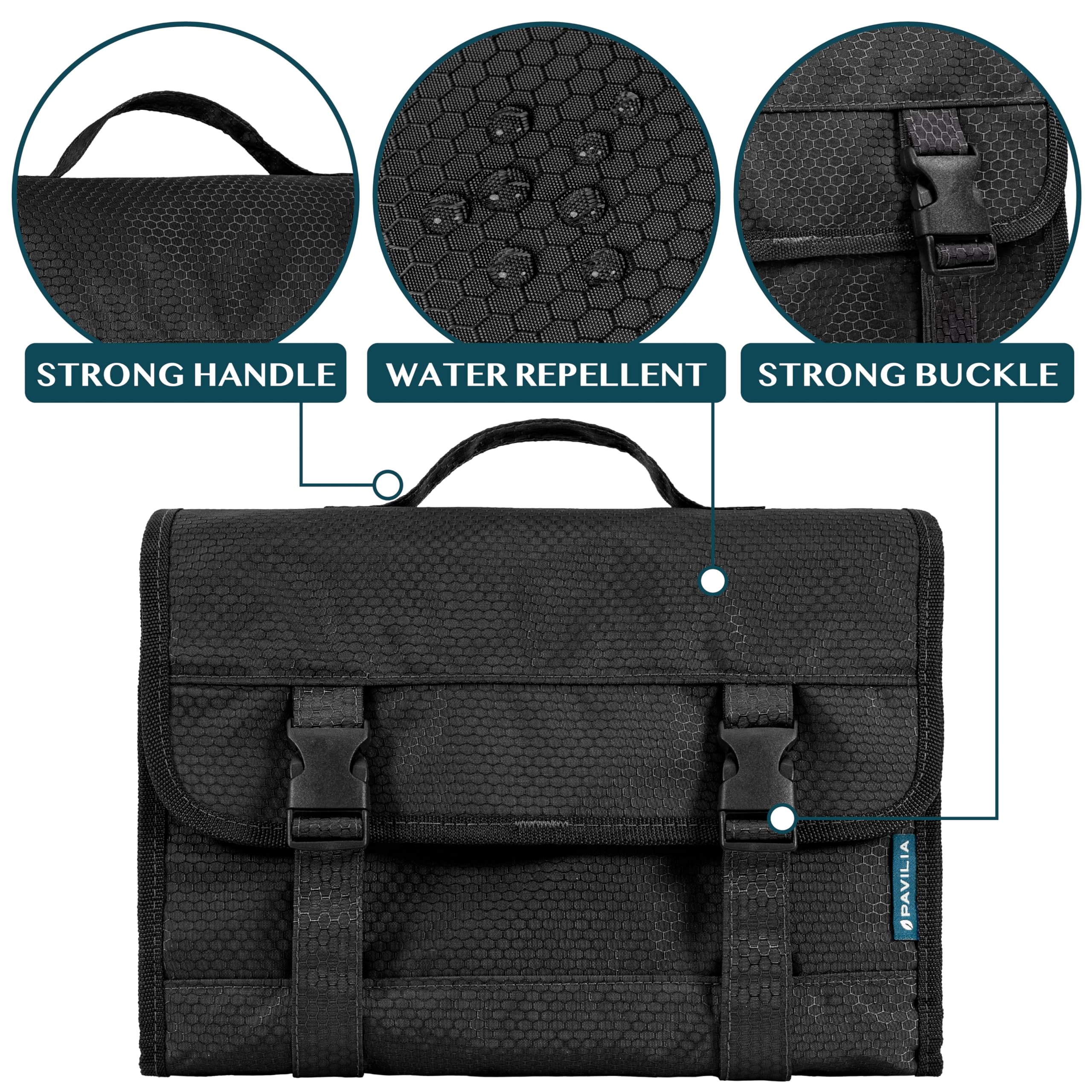 PAVILIA Extra Large Waterproof Hanging Toiletry Bag for Travel - Black Cosmetic Organizer for Women & Men - Perfect for Bathroom, Shower, Camping & Gym Essentials Storage