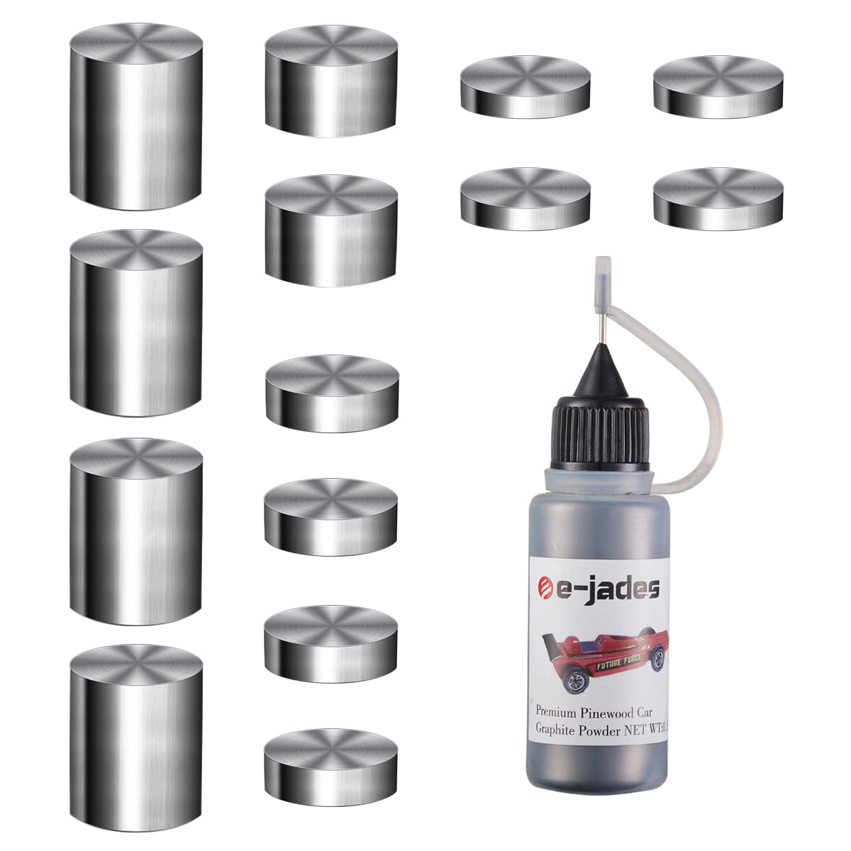 Pinewood Derby Car Kit - 3.25OZ Tungsten Weights (14 Pieces, 4 Sizes) & 0.5OZ Graphite Powder Lubricant for Speed - Perfect for Pinewood Derby Racing, Boy Scouts Competitions, and DIY Wooden Car Projects