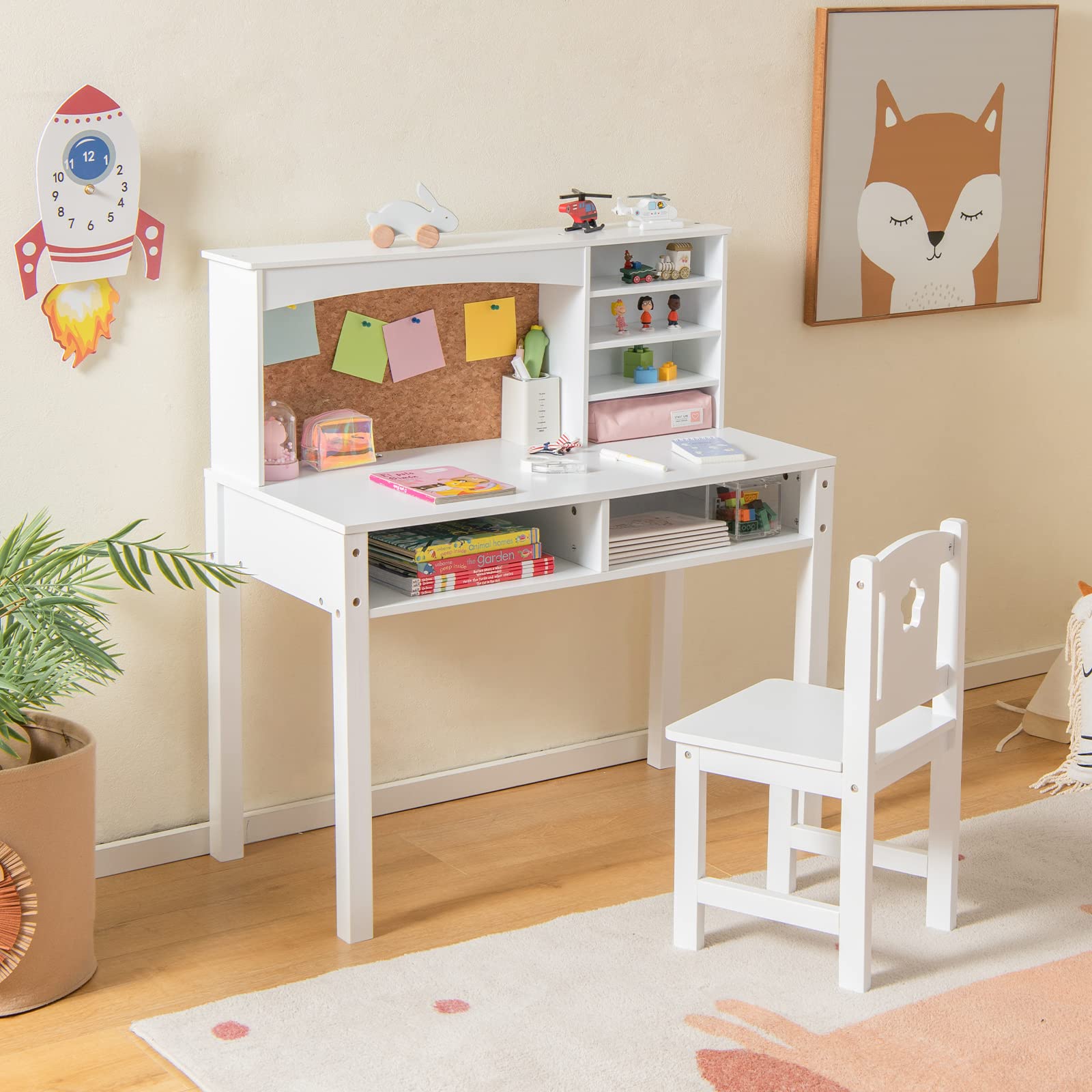 Costzon Kids Desk and Chair Set - Adjustable Wooden Study Desk with Storage Hutch, Cork Bulletin Board & Bookshelf | Ergonomic Student Writing & Computer Workstation for Study Room, Bedroom, Homeschooling & Online Learning (White)