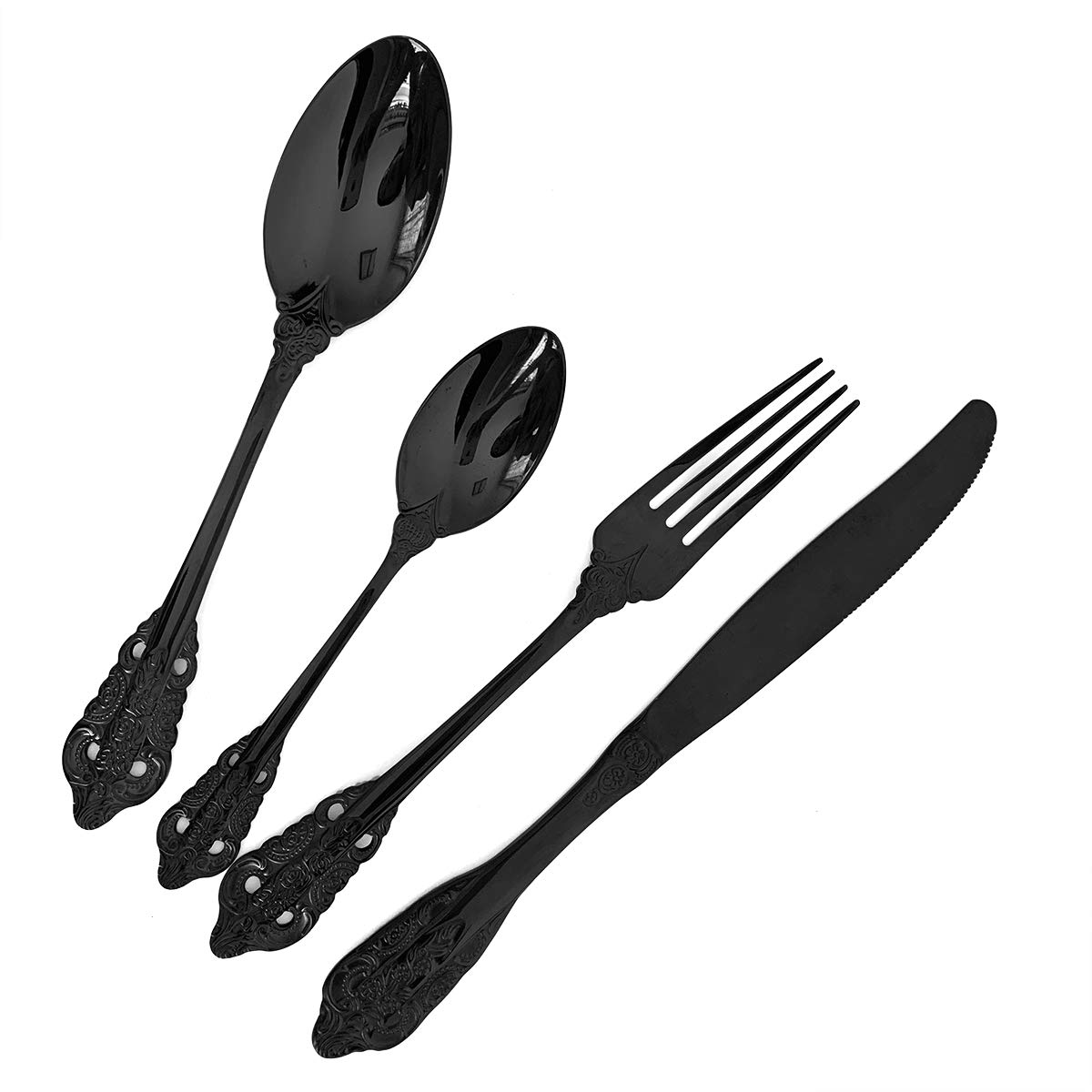 24-Piece Pure Black Kitchen Silverware Set - 304 Stainless Steel Flatware Service for 6, Elegant Dinnerware Cutlery Set with Forks, Spoons & Knives - Round Edge & Mirror Polish - Perfect for Home, Restaurant & Party Dining