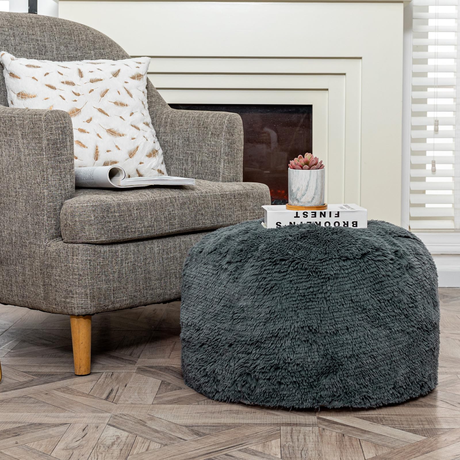Fur Ottoman Stool Cover - 20x12 Inch Round Foot Rest Pouf, No Filler, Foldable Floor Bean Bag Chair for Living Room & Bedroom - Dark Gray - Perfect for Cozy Home Decor, Reading Nook, and Pet Lounging
