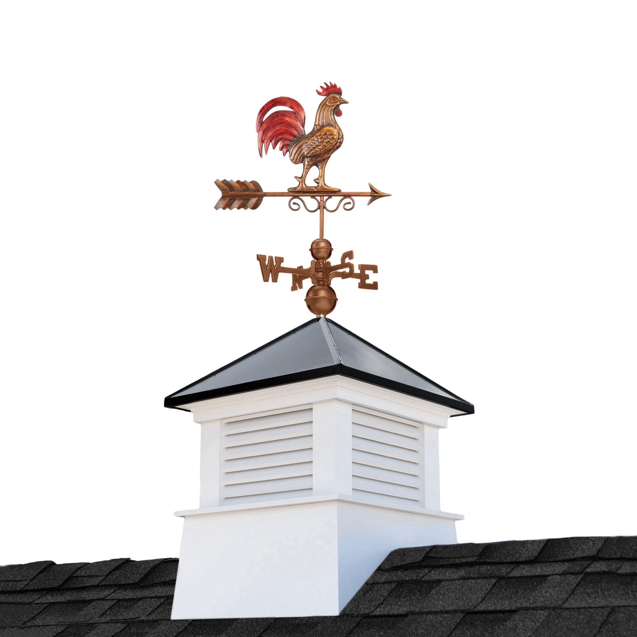 26 Square Manchester Vinyl Cupola with Black Aluminum Roof & Red Rooster Weathervane - Decorative Garden Roof Top Accent for Farmhouse, Barn, Shed or Gazebo by Good Directions