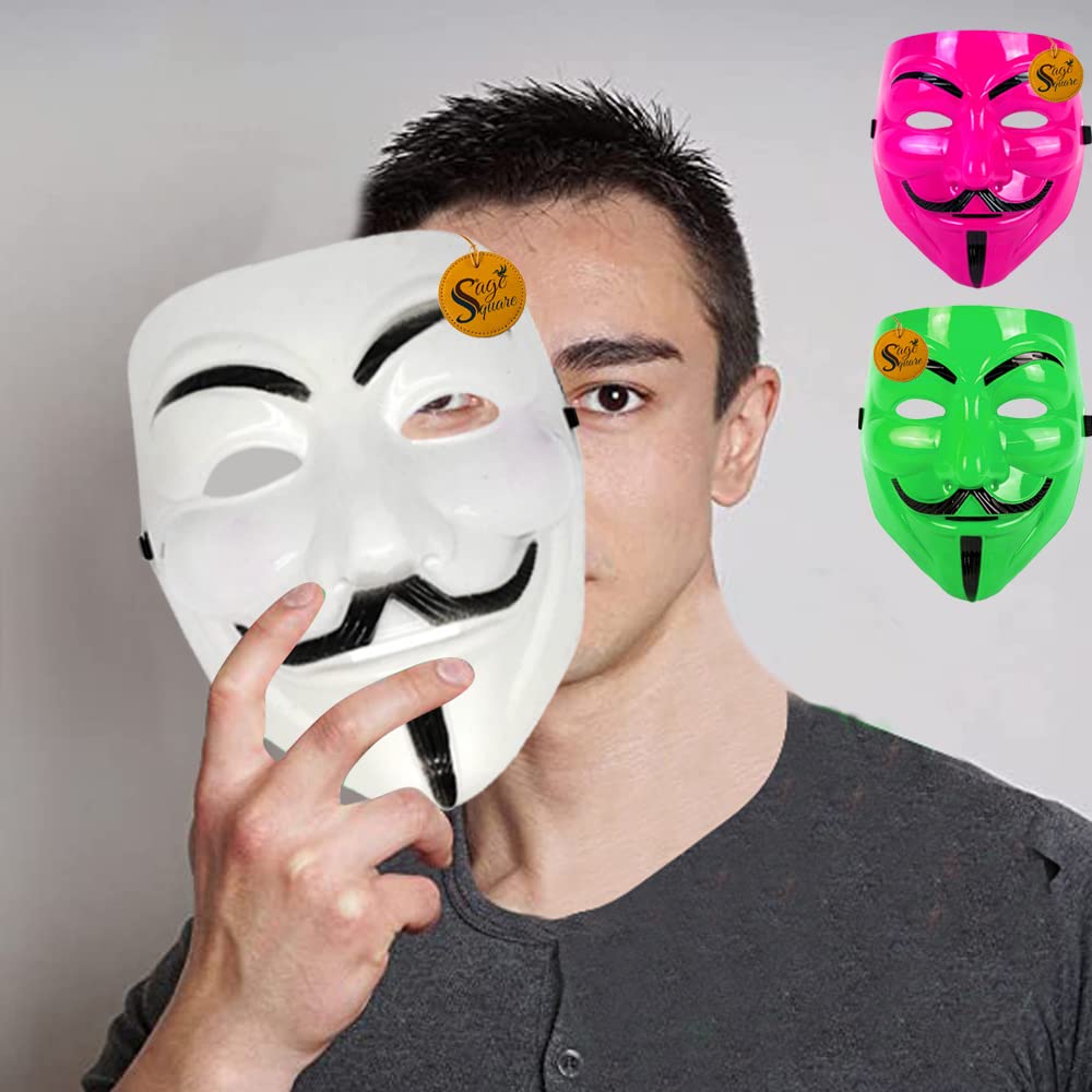 V for Vendetta Anonymous VIP Edition Face Mask - Sage Square Golden, Pink & White Set of 3 - Perfect Fit Cosplay & Halloween Costume Accessory - Protest, Movie Theme Party, and LARP Events