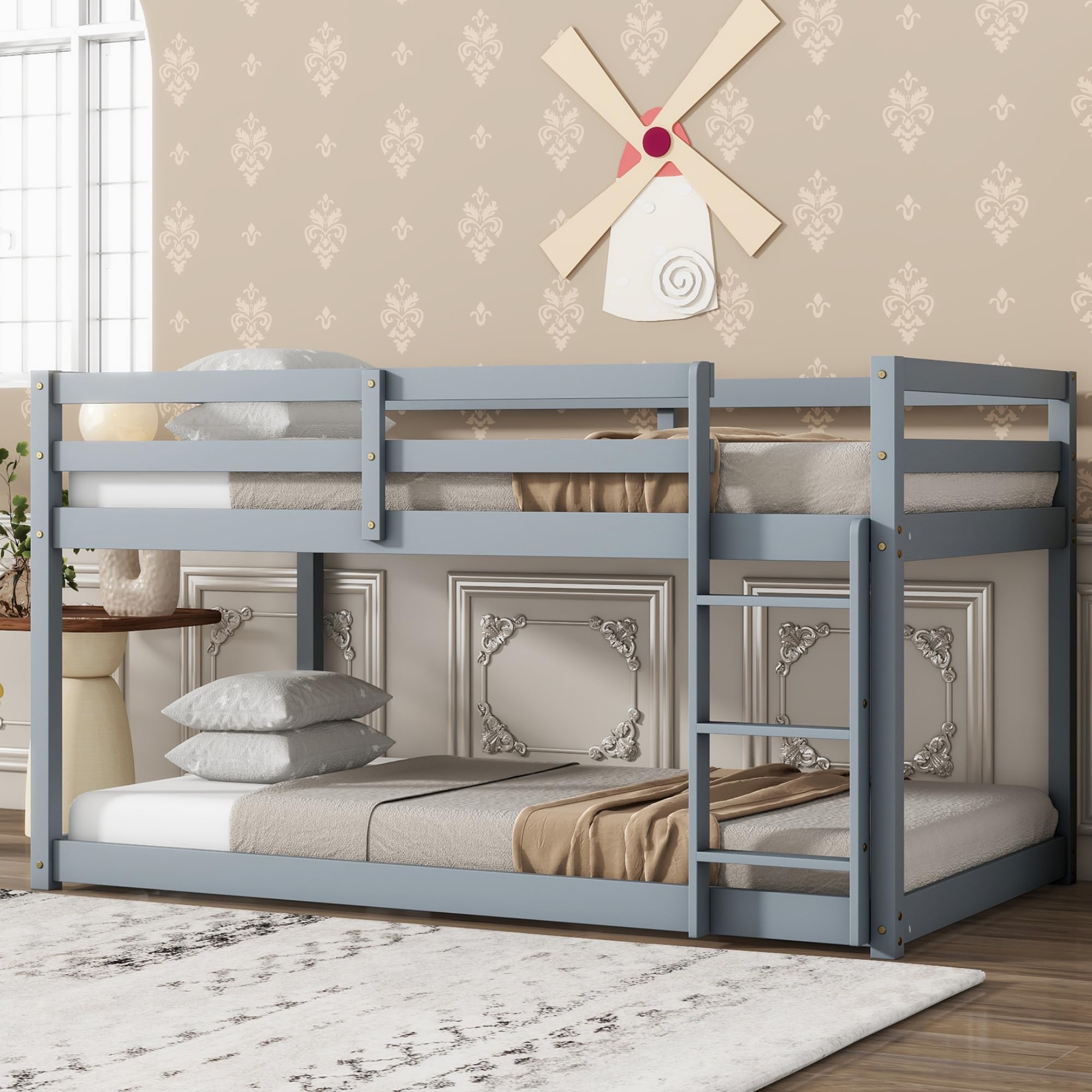 Low Bunk Beds Twin Over Twin - Sturdy Wood Floor Bunk Bed Frame with Safety Rails for Kids, Teens, Boys & Girls - Space-Saving Junior Loft Bed for Small Rooms, Dorms & Shared Kids Bedrooms - Gray