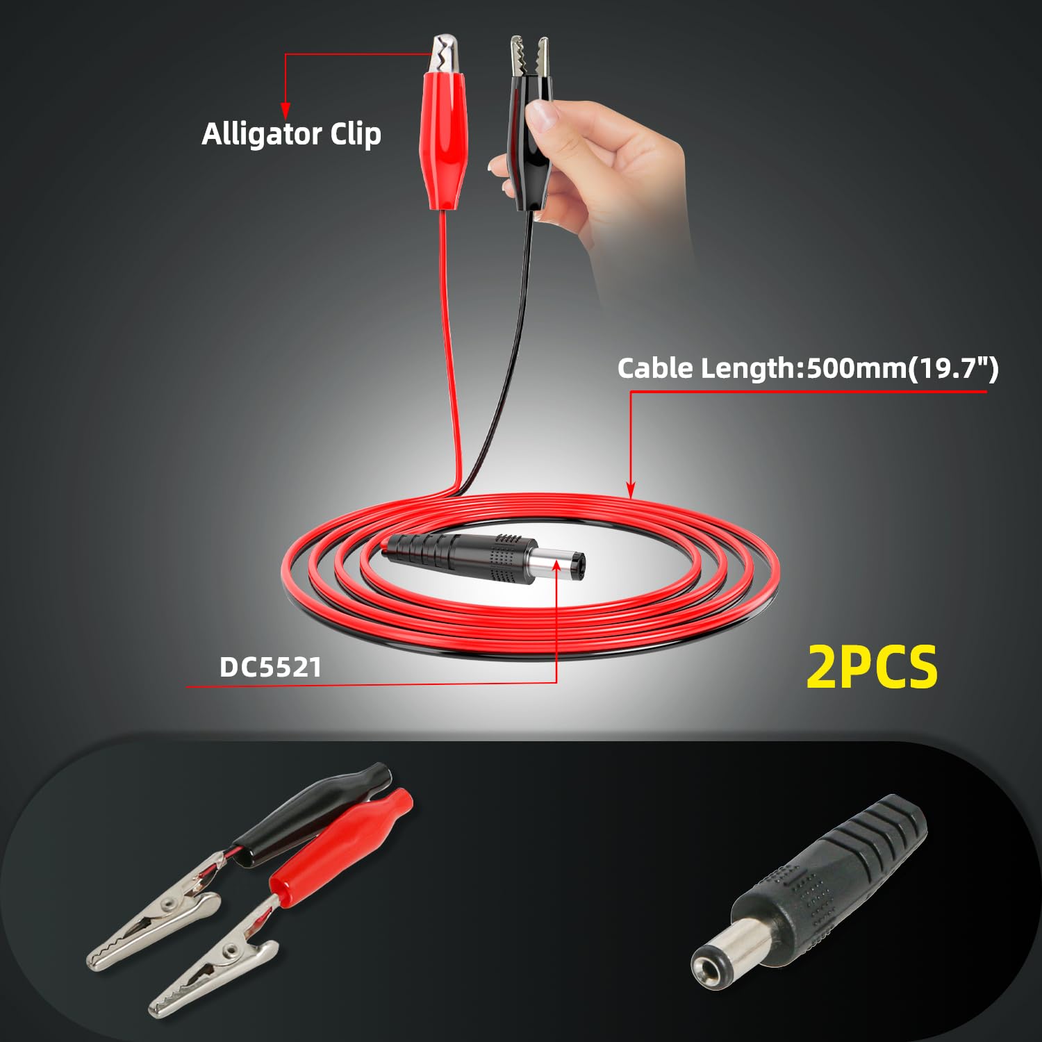 2 Pack 24V/12V 5A DC Power Adapter Cable with Alligator Clips - DC5521 (2.1x5.5mm) Male Connector for CCTV Cameras, LED Lights & Electronics - Perfect for Security Systems & DIY Projects