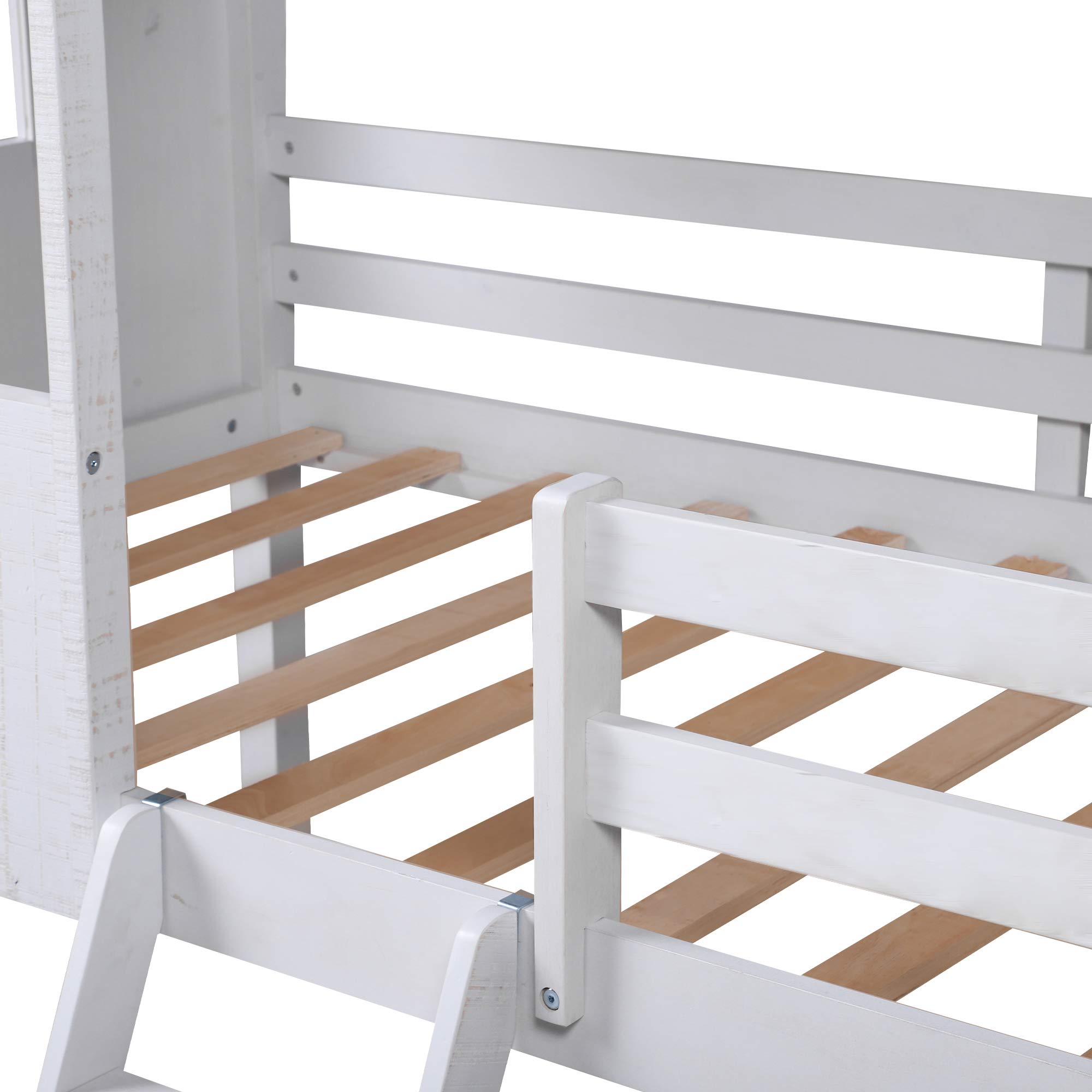 **Twin Size Low Loft Bed for Kids - Wooden House Bed Frame with Side Windows, Roof & Full-Length Safety Rails - Sturdy Ladder Included (Antique White) - Perfect for Small Bedrooms, Playrooms & Sleepovers**