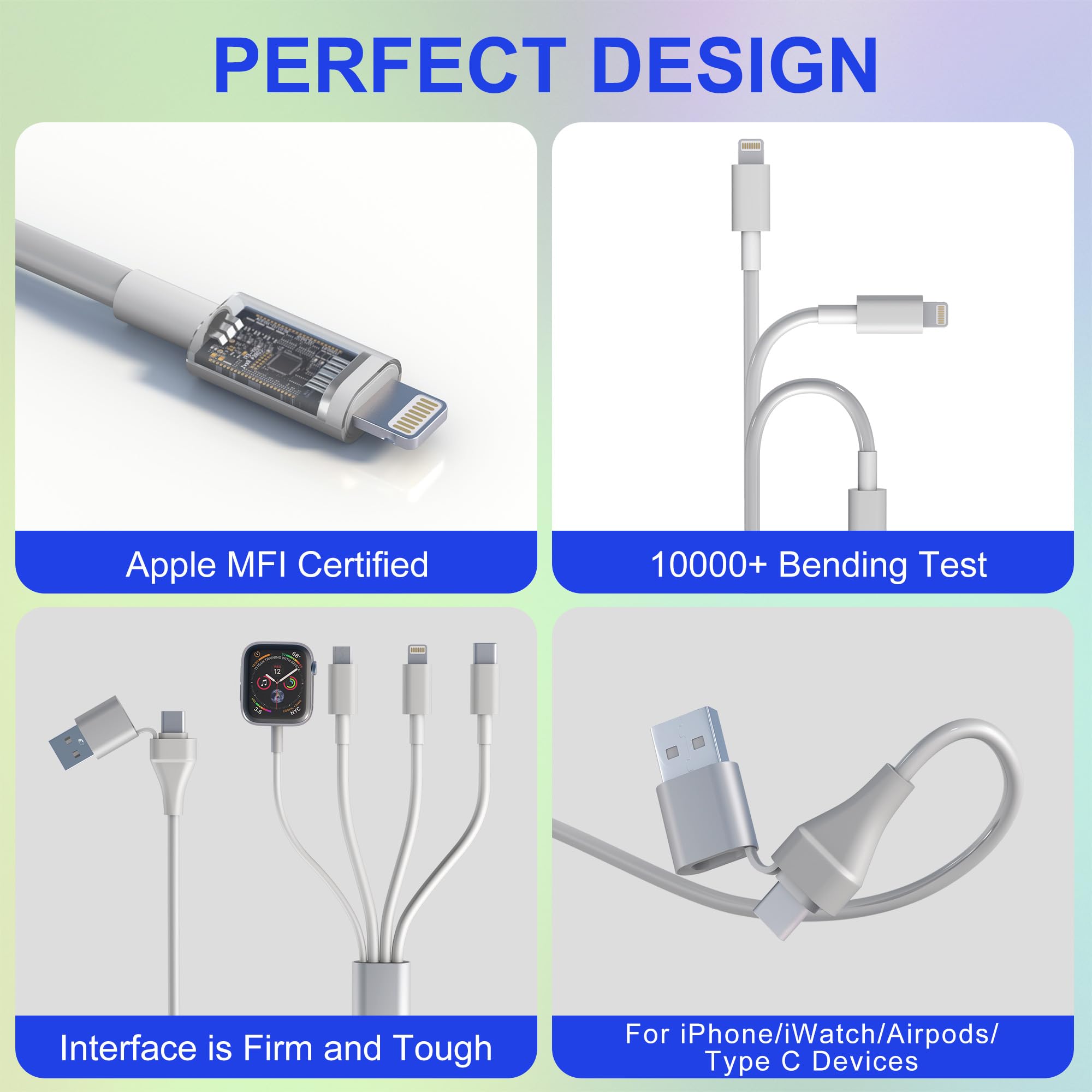 Fast Charging 4-in-1 Travel Charger Cable - Compatible with Apple Watch, iPhone, Galaxy, Pixel & Android Devices | 6ft Multi-Device Charging Cord for Smartwatch, Phone & Earbuds | Perfect for Travel, Office & Home Use