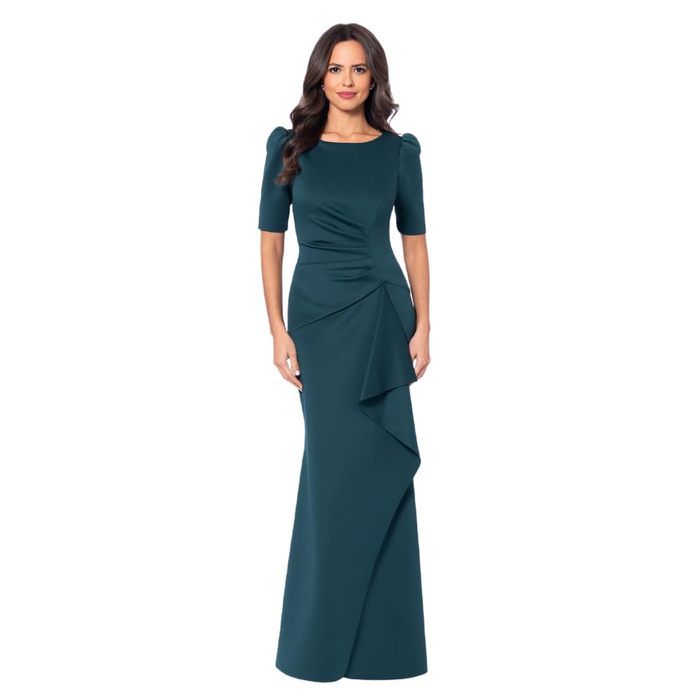 Xscape Women's 3/4 Sleeve Long Scuba Dress with Side Ruching - Slim Fit Stretchy Bodycon Dress for Cocktail Party, Date Night & Special Occasions