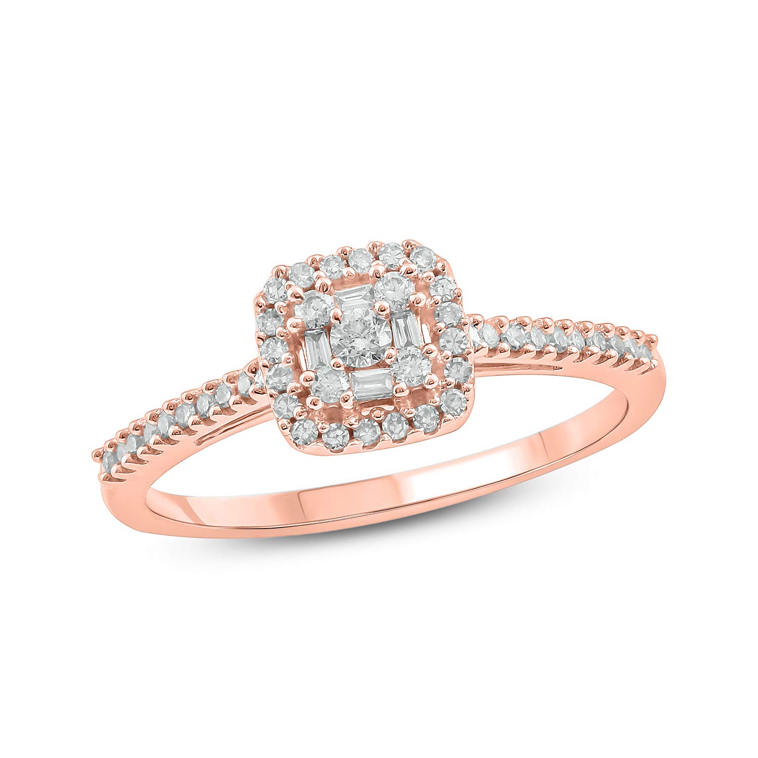 1/4 Carat Round & Baguette Diamond Halo Engagement Ring for Women - 10K Rose Gold, White Gold or Yellow Gold - Elegant Square Halo Wedding Ring with Baguette Accents - Perfect for Proposals, Anniversaries & Special Occasions