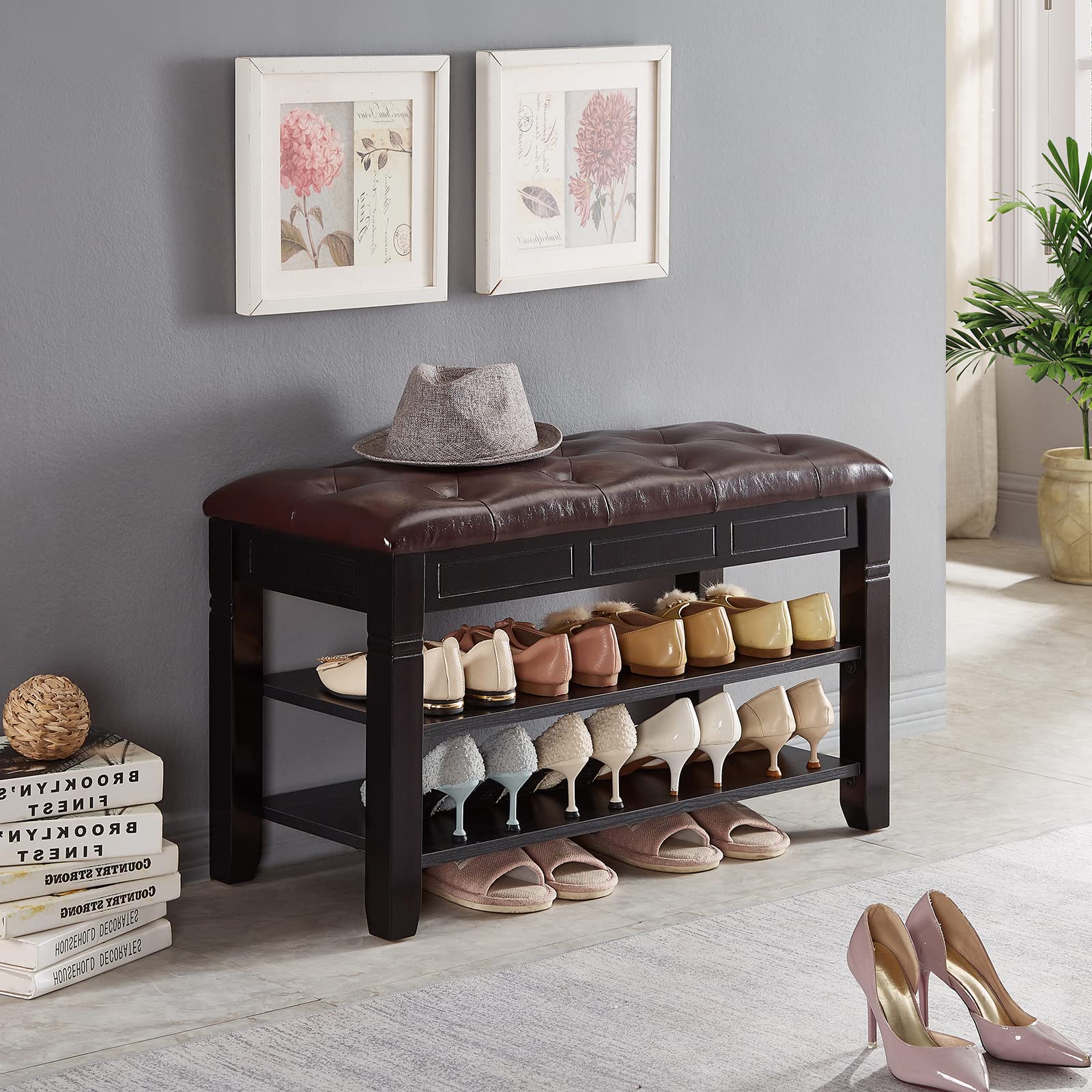 Wooden Shoe Storage Bench with Lift Top & Fiberleather Seat - 2-Tier Entryway Shoe Rack Organizer (31.5x13.8x18.9 Inches, Black) - Perfect for Hallway, Living Room & Mudroom Organization