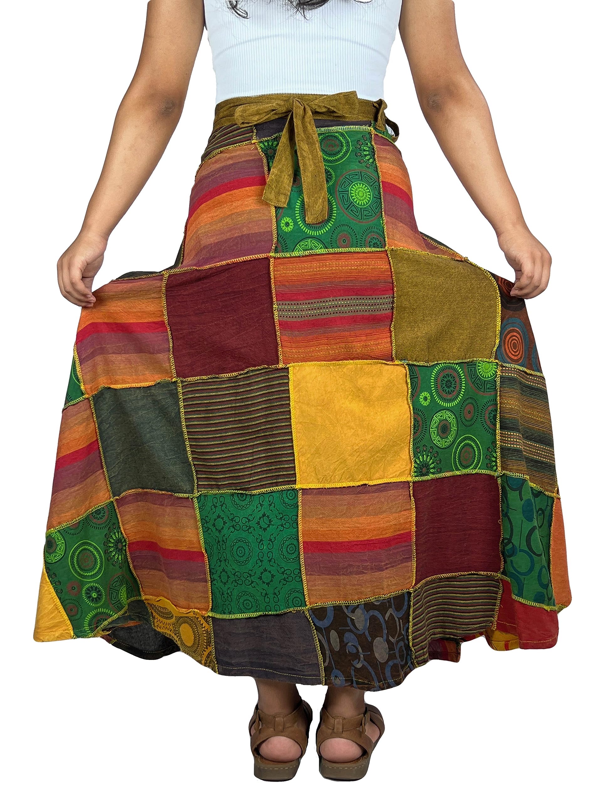 Agan Traders Women's 2025 Spring & Fall Boho Maxi Skirt - High Waisted Long Wrap Skirt with Patchwork & Tie Up Detail | Perfect for Beach, Festival & Bohemian Fashion Outfits