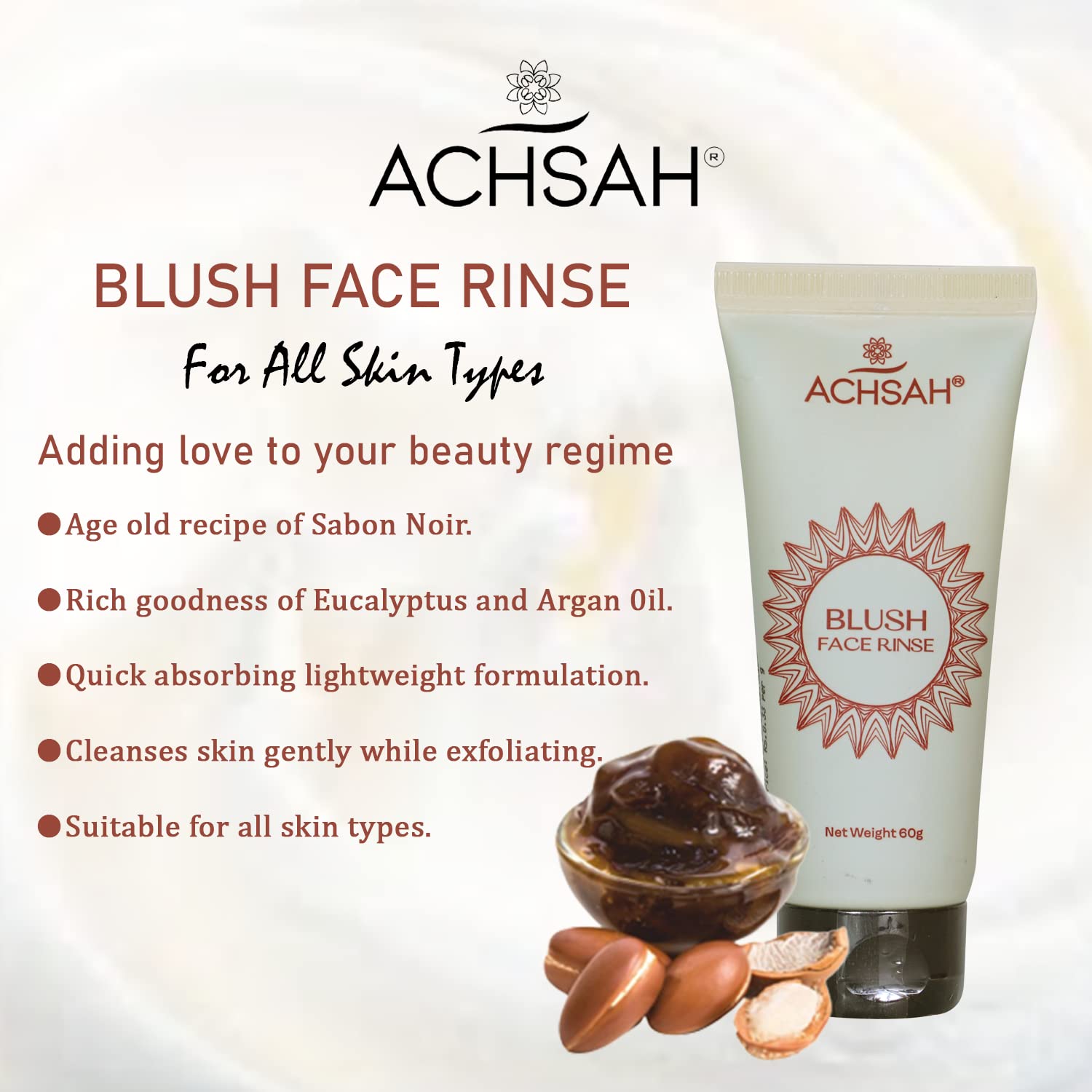 ACHSAH Blush Anti-Aging Face Wash & Rinse - 60gm Cream-Based Exfoliating Cleanser for All Skin Types, Reduces Blemishes & Wrinkles | Daily Skincare Routine for Glowing Complexion