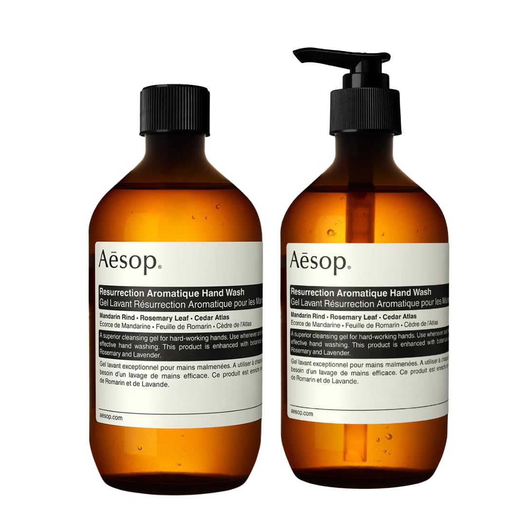 Aesop Resurrection Aromatique Hand Wash + Refill Set - 16.9oz (500mL) x 2 | Natural Hand Cleanser with Orange, Rosemary & Lavender Essential Oils | Gentle for Dry Skin | Perfect for Home, Kitchen & Bathroom Sink
