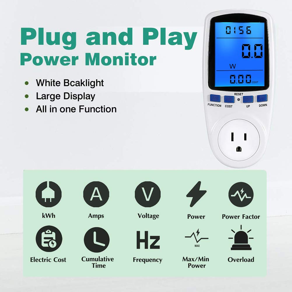 Smart Power Meter Plug - Energy Usage Monitor with Digital LCD Display, Overload Protection & 7 Display Modes | Track Home Electricity Consumption | Perfect for Appliances, Electronics & Energy Efficiency Monitoring