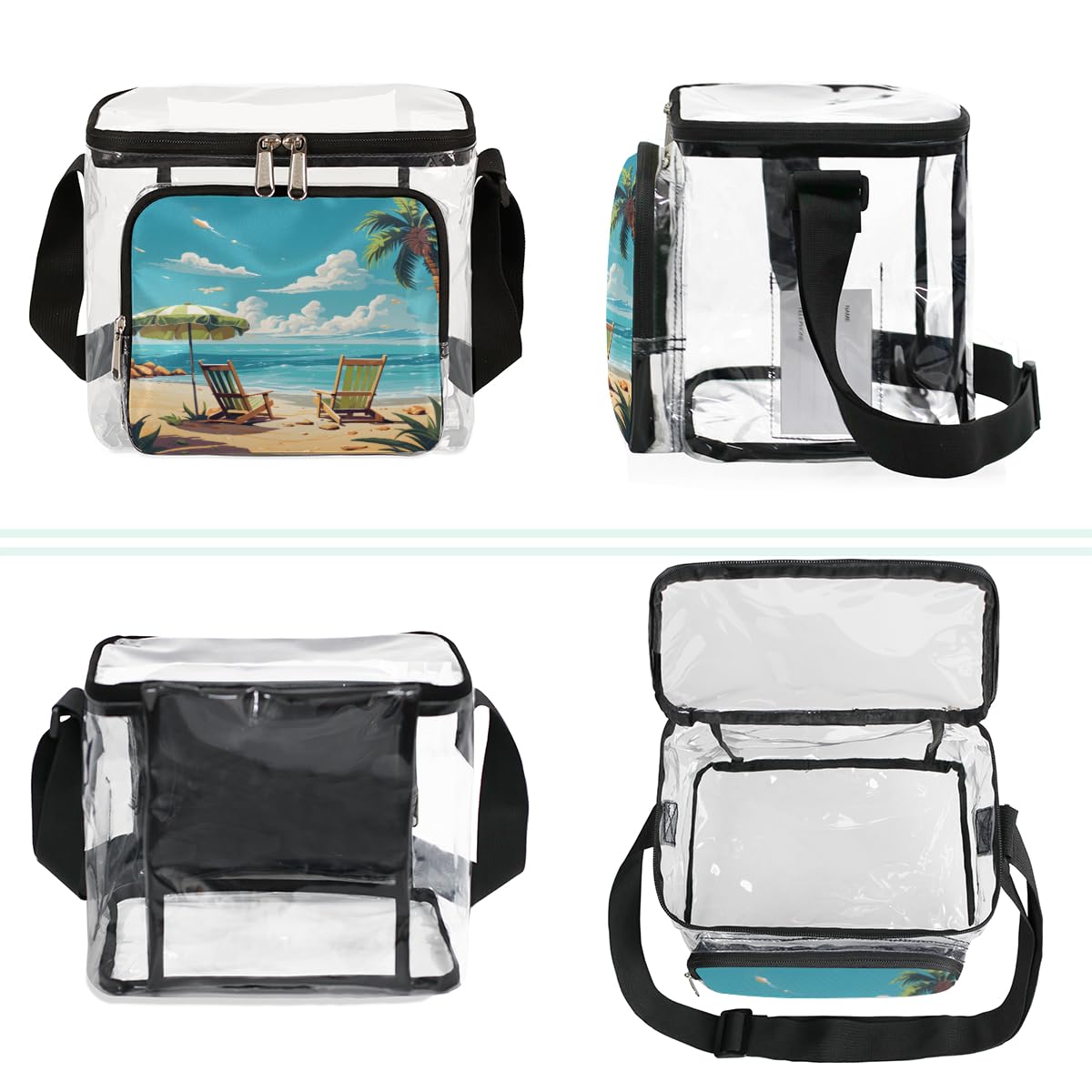 GzLeyigou Clear Transparent Beach Tote Bag with Handles - Palm Tree Design Crossbody Shoulder Bag for Lunch, Outdoor, Travel, Picnic, Concerts & Sports Events | Stadium Approved Waterproof Carry-All for Summer, Pool Party, Music Festival & Vacation Essentials