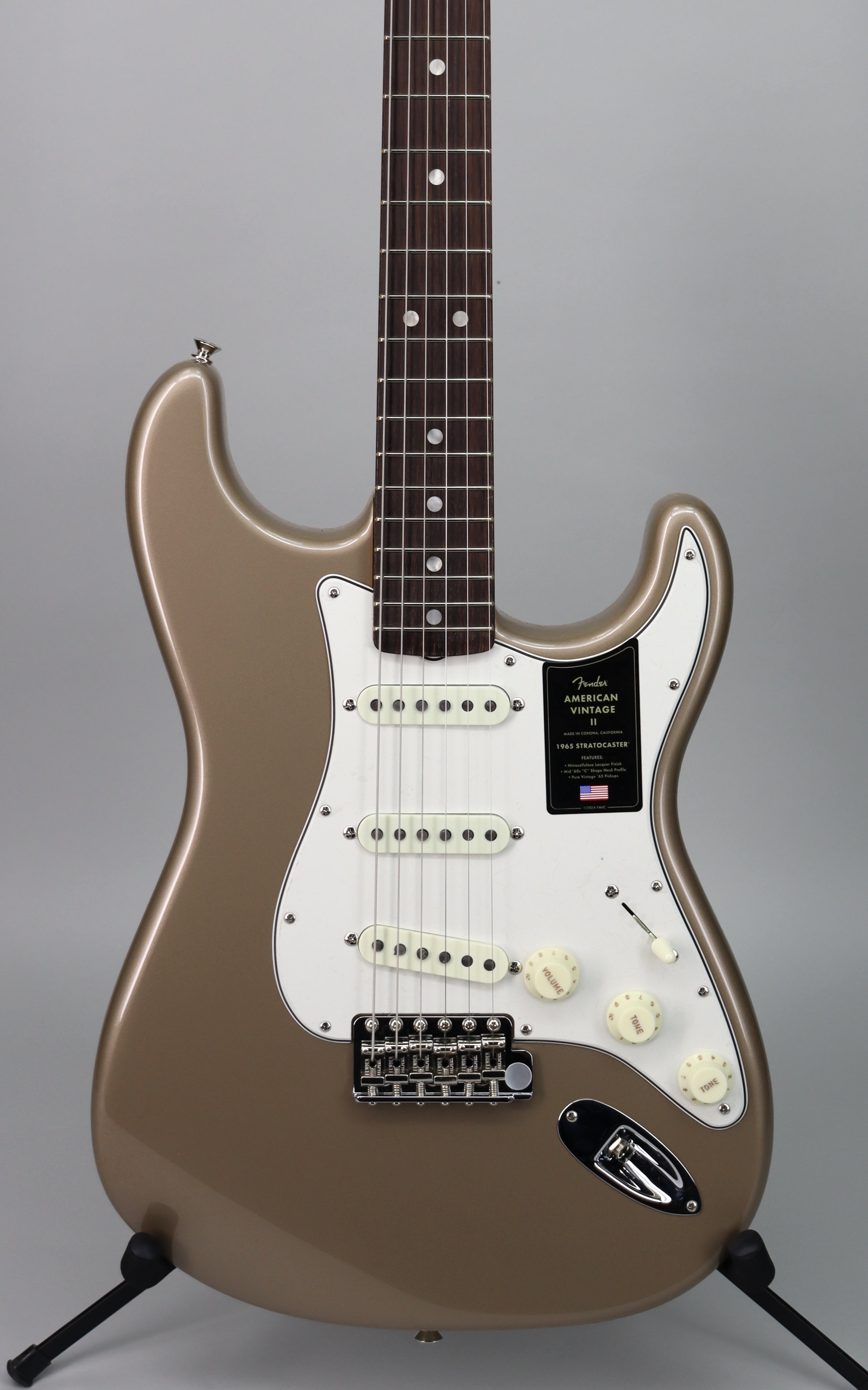 Fender American Vintage II '65 Stratocaster Electric Guitar - Shoreline Gold Finish | Classic Rock & Blues Performance Guitar for Stage & Studio