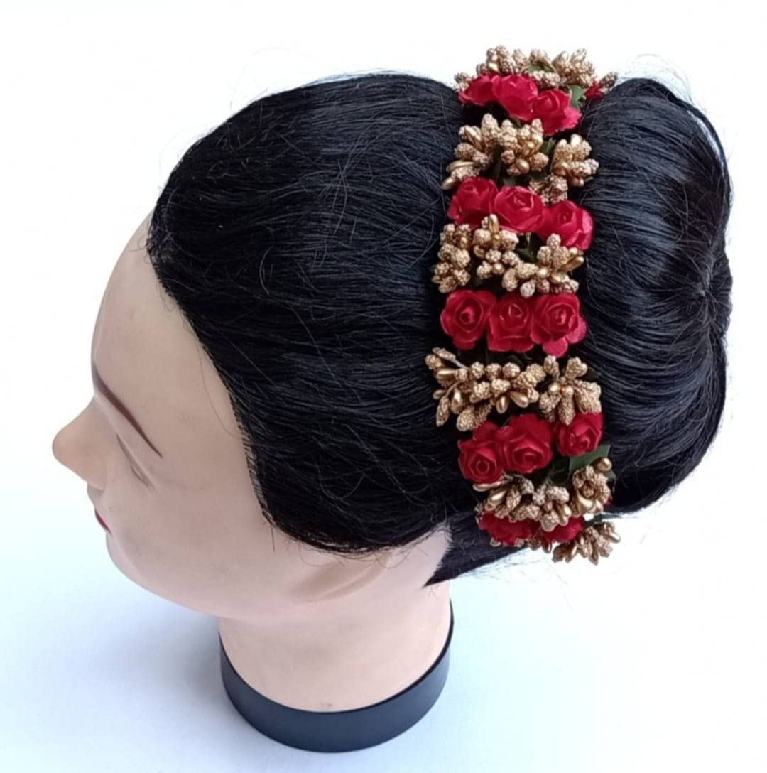 Vanshika Artificial Hair Gajra for Bun - Traditional Indian Dance Hair Accessories for Bharatnatyam & Kuchipudi - Golden & Red Flower Hair Jewelry for Women & Girls (Pack of 1) - Perfect for Wedding, Festival & Cultural Performances